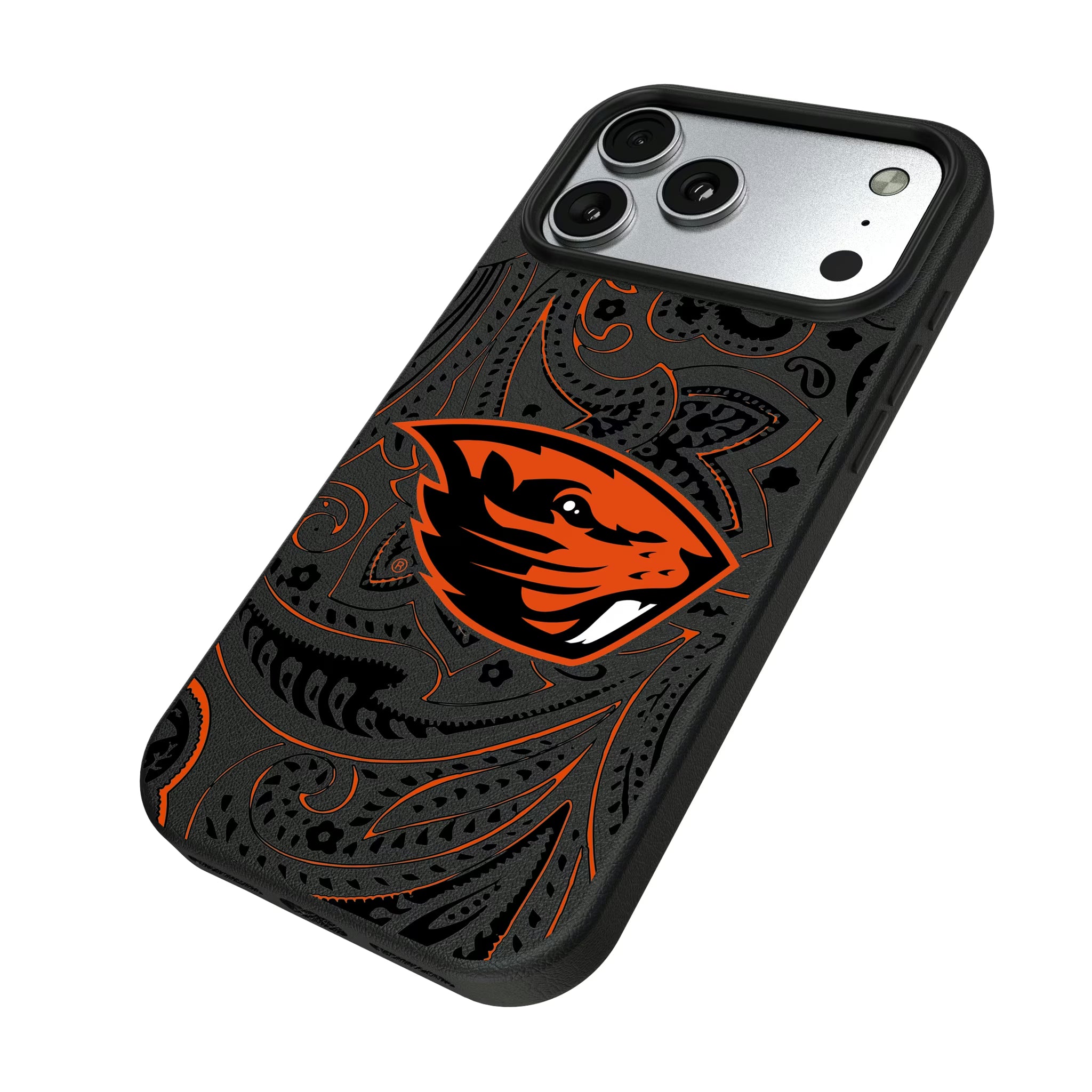 Oregon State University Beavers Paisley iPhone MagSafe Compatible Phone Case for Apple iPhone - Isometric View#Device_iPhone 17 Pro Max