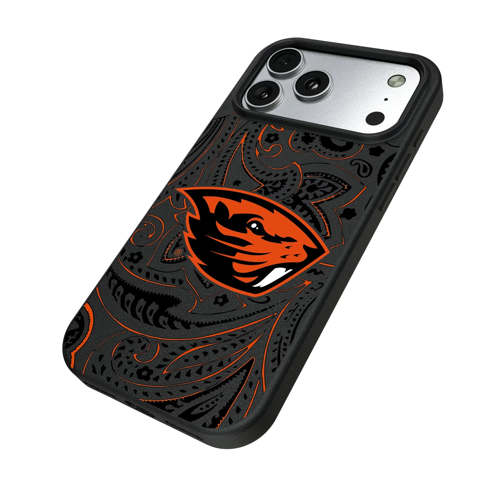 Oregon State University Beavers Paisley iPhone MagSafe Compatible Phone Case for Apple iPhone - Isometric View#Device_iPhone 17 Pro Max