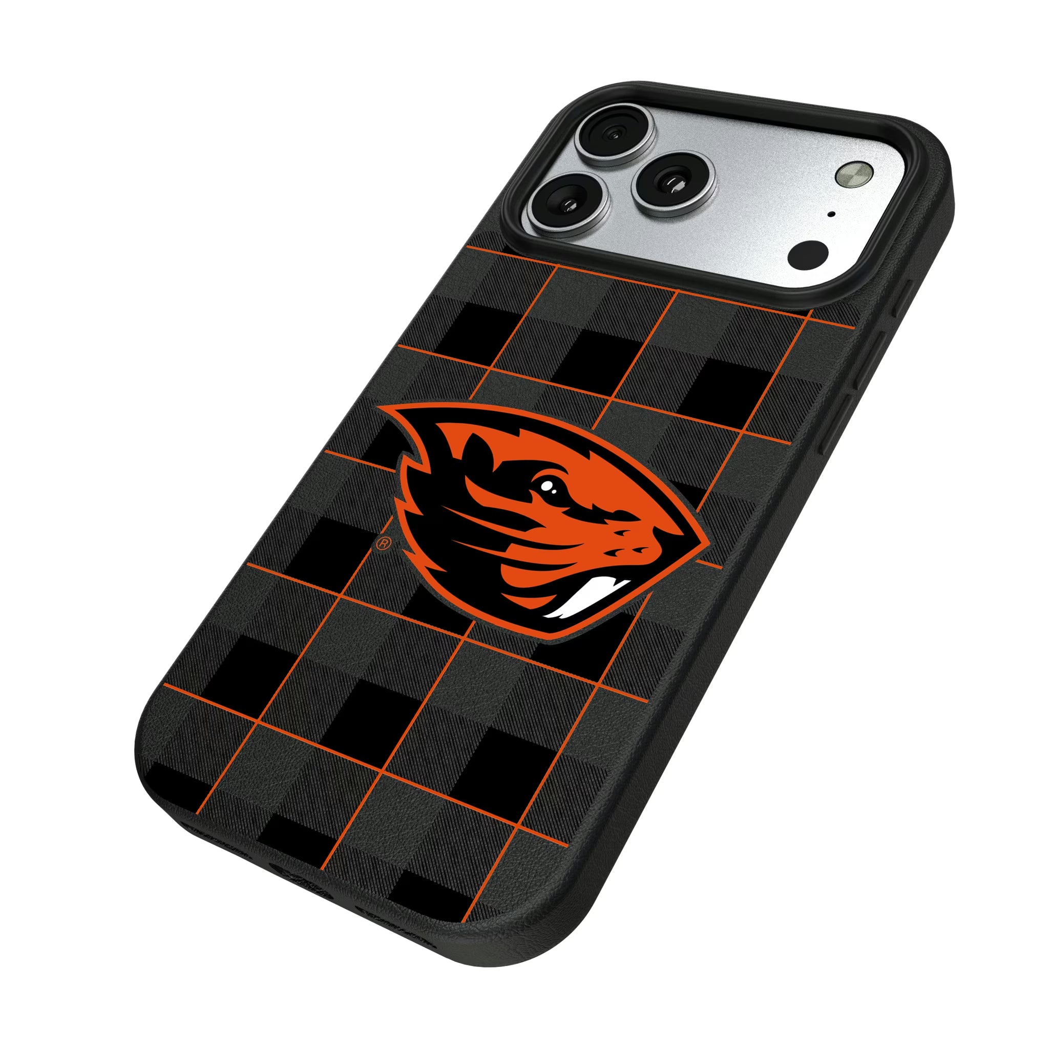 Oregon State University Beavers Plaid iPhone MagSafe Compatible Phone Case for Apple iPhone - Isometric View#Device_iPhone 17 Pro Max