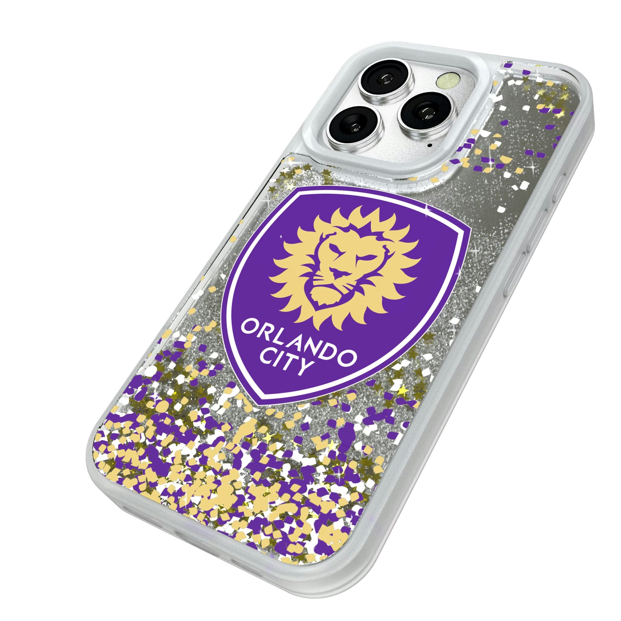 Orlando City Soccer Club Confetti iPhone Glitter Phone Case for Apple iPhone - Isometric View#Device_iPhone 16 Pro