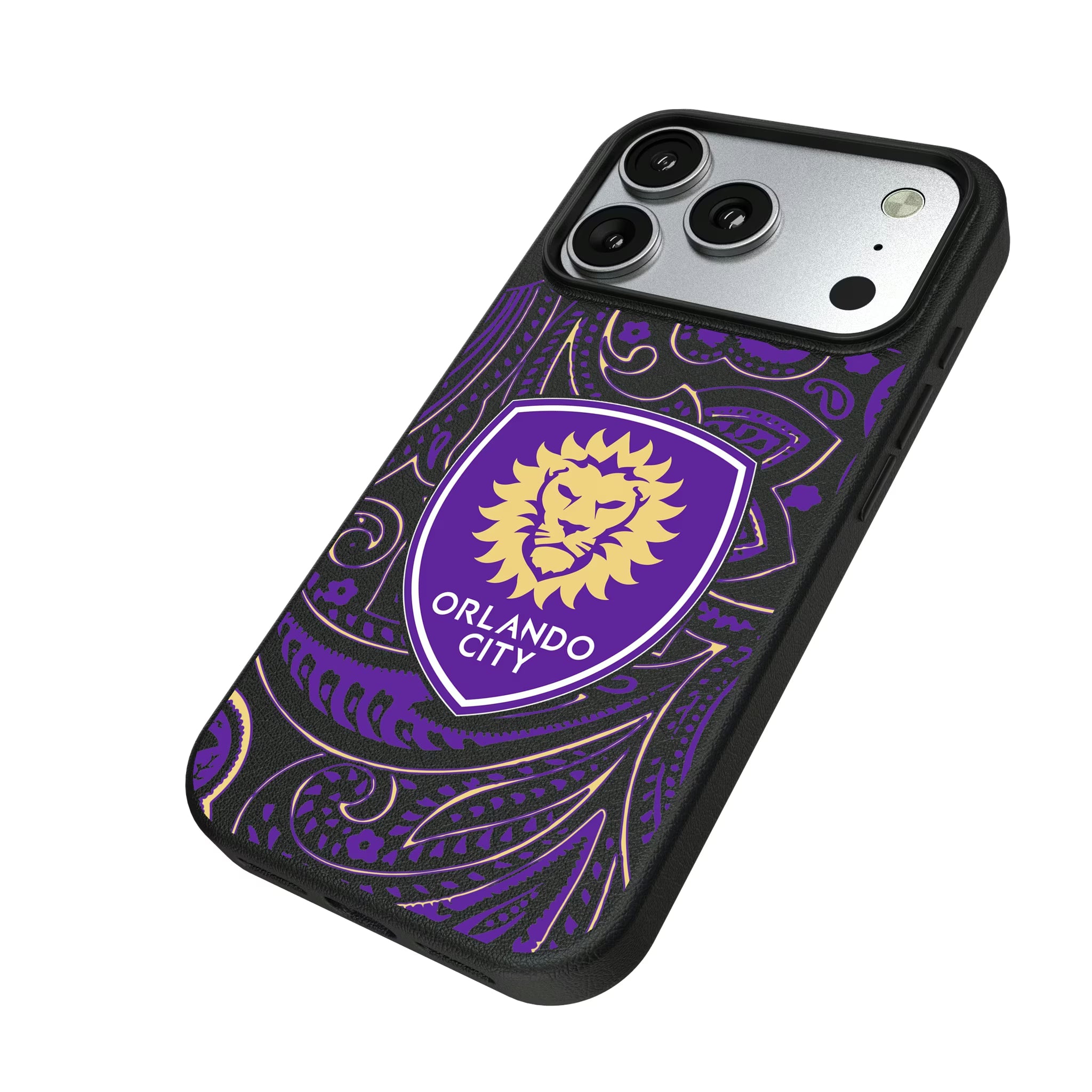 Orlando City Soccer Club Paisley iPhone MagSafe Compatible Phone Case for Apple iPhone - Isometric View#Device_iPhone 17 Pro