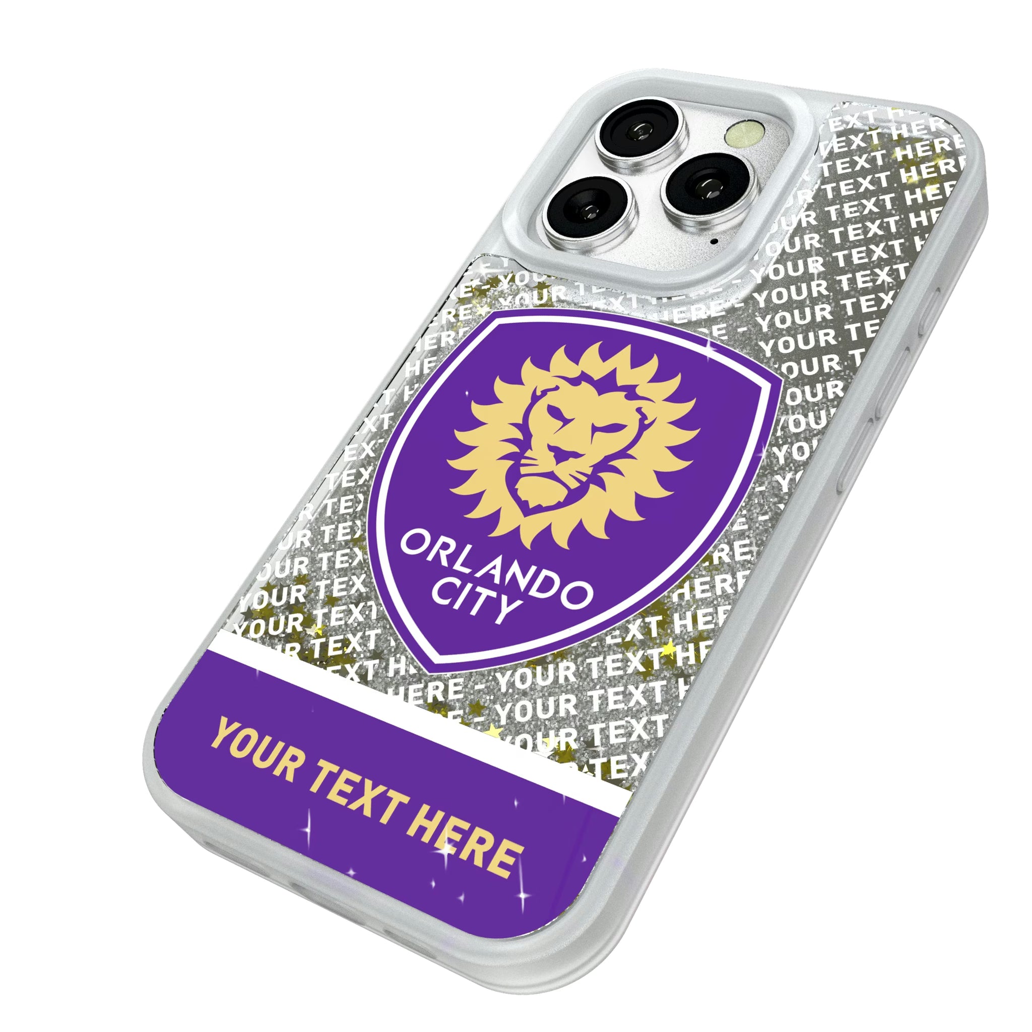 Orlando City Soccer Club Personalized EndZone Plus iPhone Glitter Phone Case for Apple iPhone - Isometric View#Device_iPhone 16 Pro