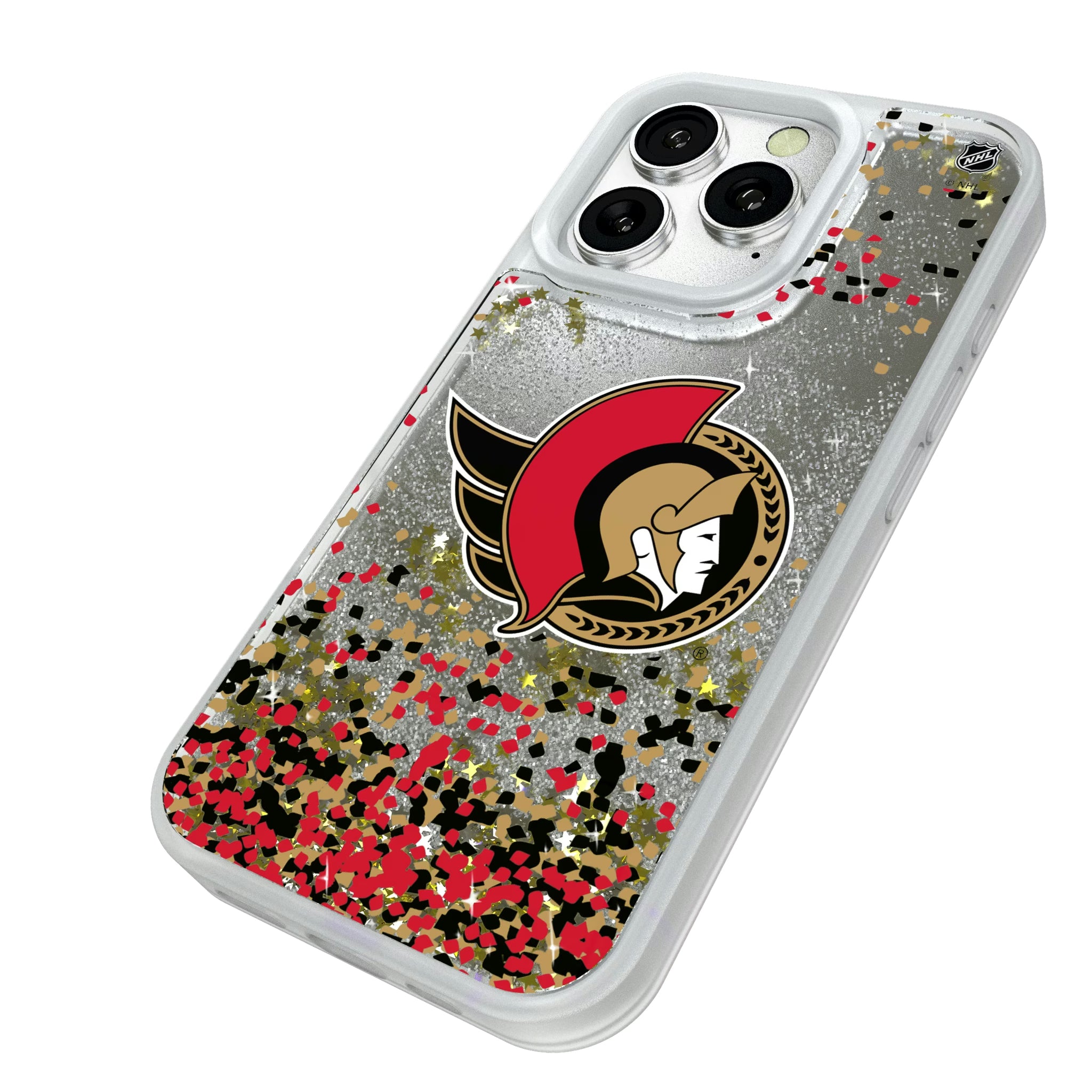 Ottawa Senators Confetti iPhone Glitter Phone Case for Apple iPhone - Isometric View#Device_iPhone 16 Pro