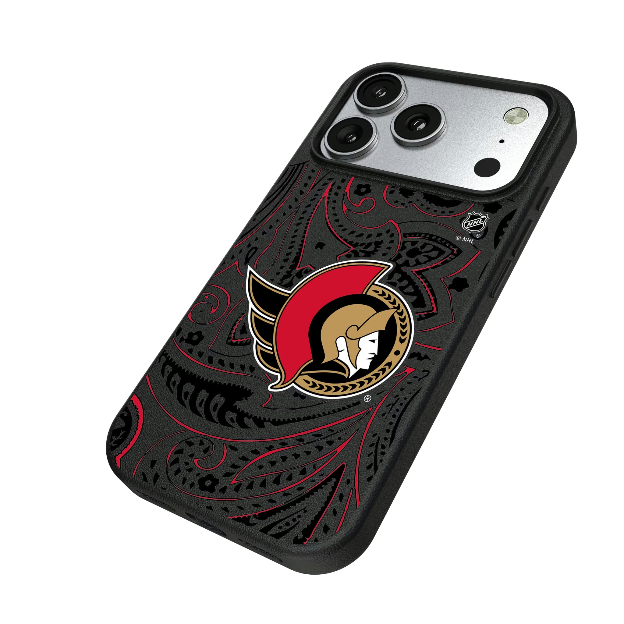 Ottawa Senators Paisley iPhone MagSafe Compatible Phone Case for Apple iPhone - Isometric View#Device_iPhone 17 Pro