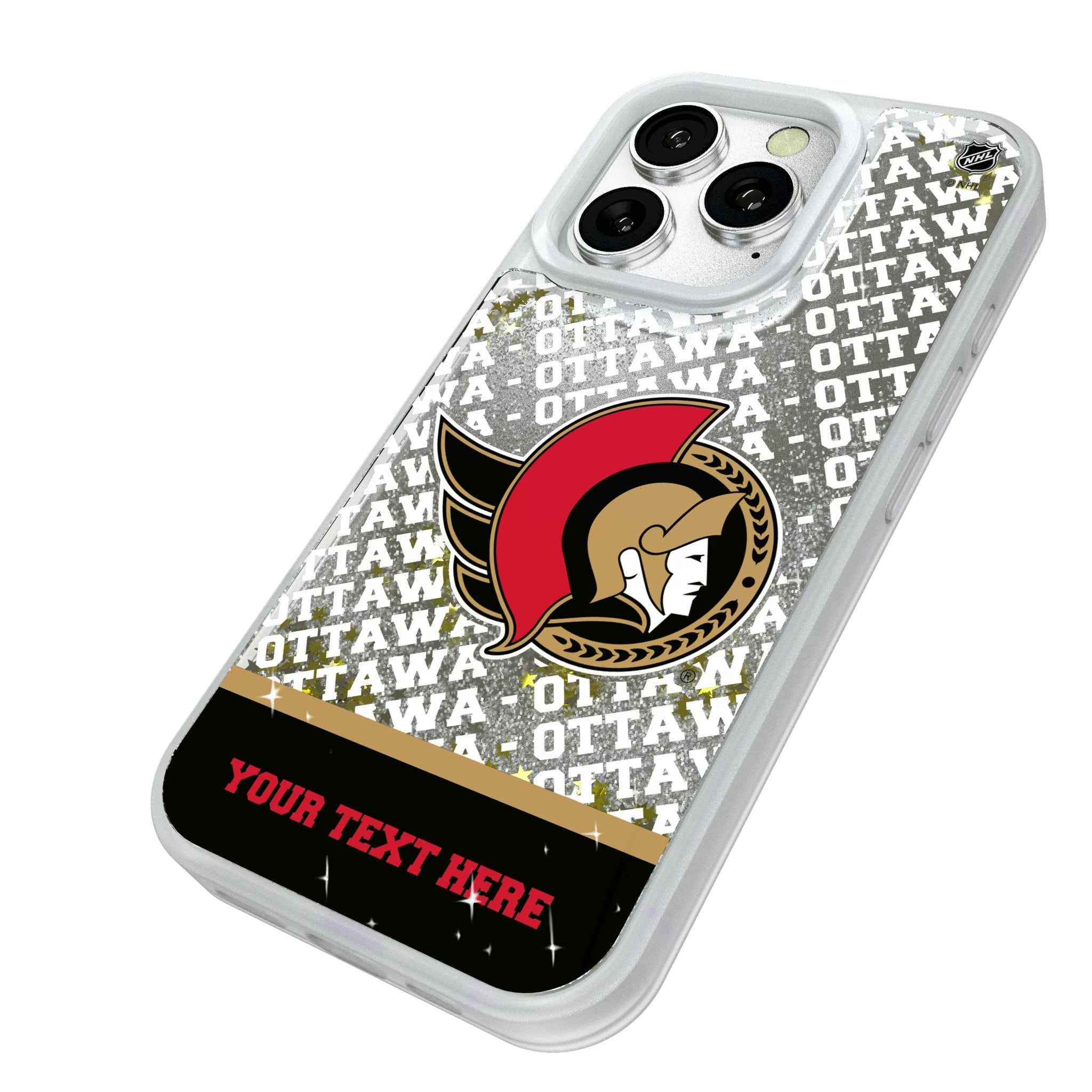 Ottawa Senators Personalized EndZone Plus iPhone Glitter Phone Case for Apple iPhone - Isometric View#Device_iPhone 16 Pro