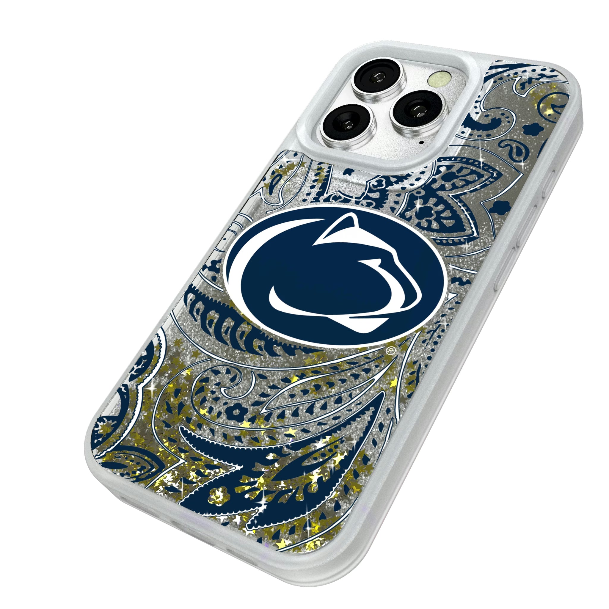 Pennsylvania State University Nittany Lions Paisley iPhone Glitter Phone Case for Apple iPhone - Isometric View#Device_iPhone 16 Pro
