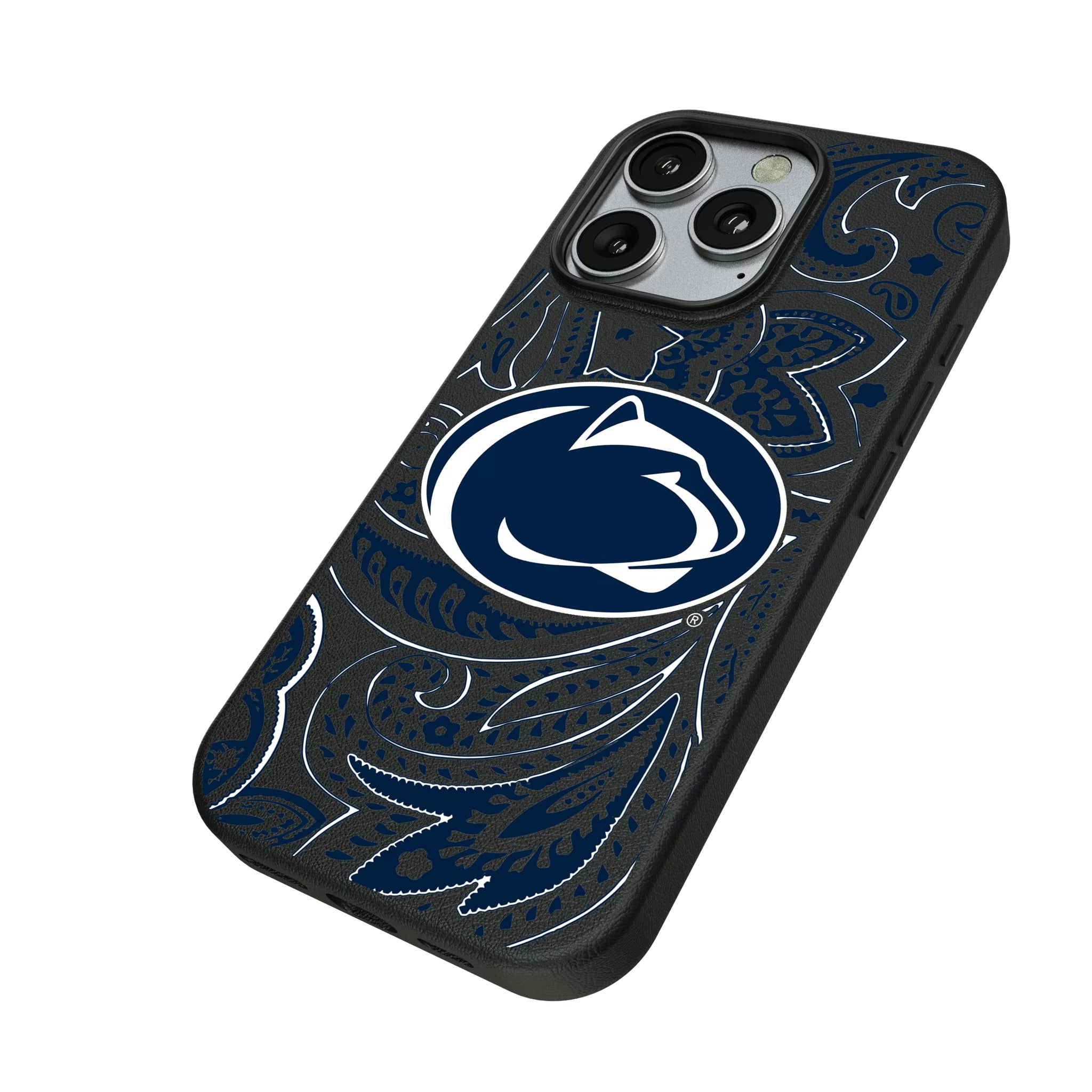 Pennsylvania State University Nittany Lions Paisley iPhone MagSafe Compatible Phone Case for Apple iPhone - Isometric View