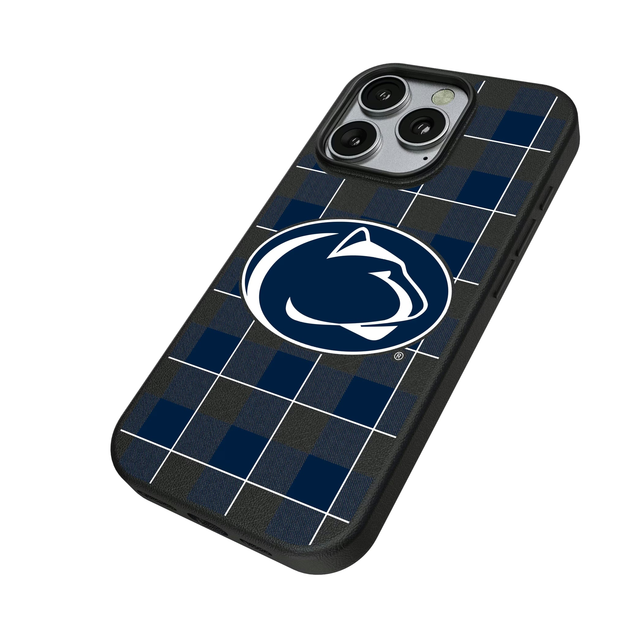 Pennsylvania State University Nittany Lions Plaid iPhone MagSafe Compatible Phone Case for Apple iPhone - Isometric View
