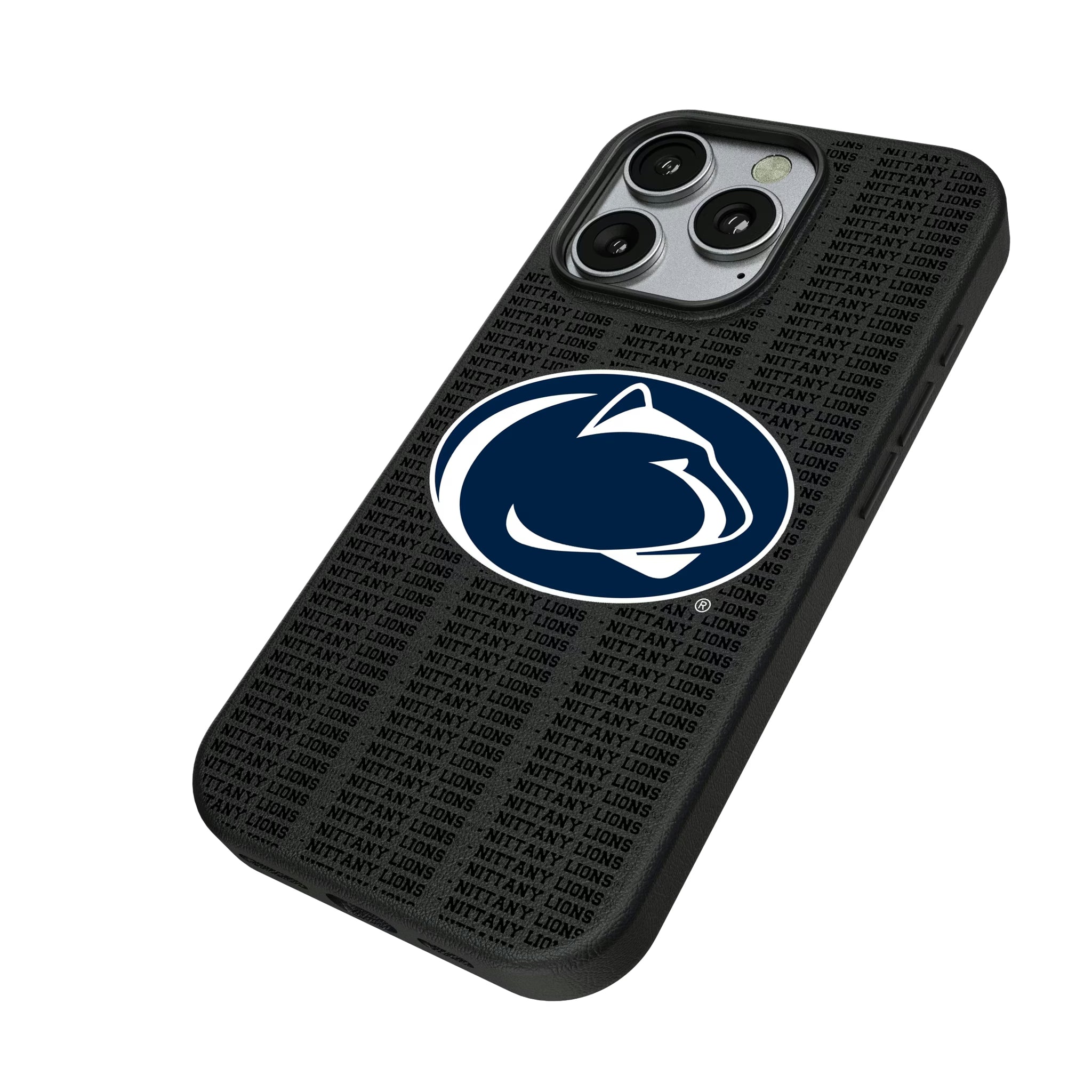 Pennsylvania State University Nittany Lions Text Backdrop iPhone MagSafe Compatible Phone Case for Apple iPhone - Isometric View