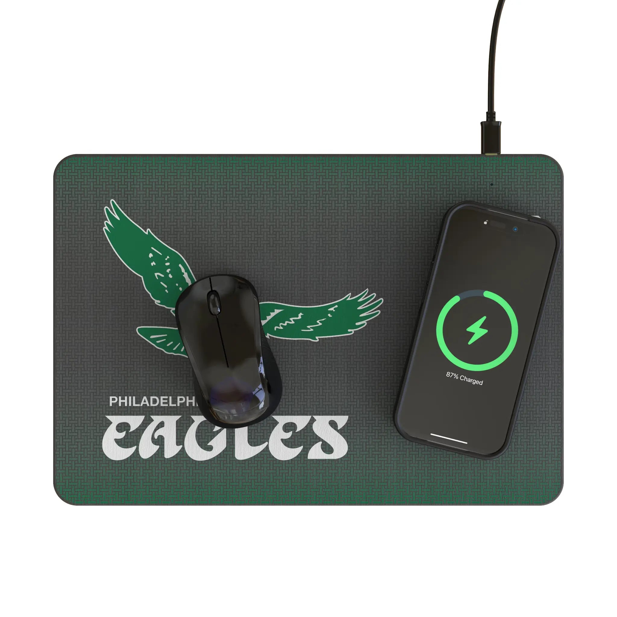 Philadelphia Eagles 1973-1995 Historic Collection Linen 15-Watt Wireless Charger and Mouse Pad - Lifestyle