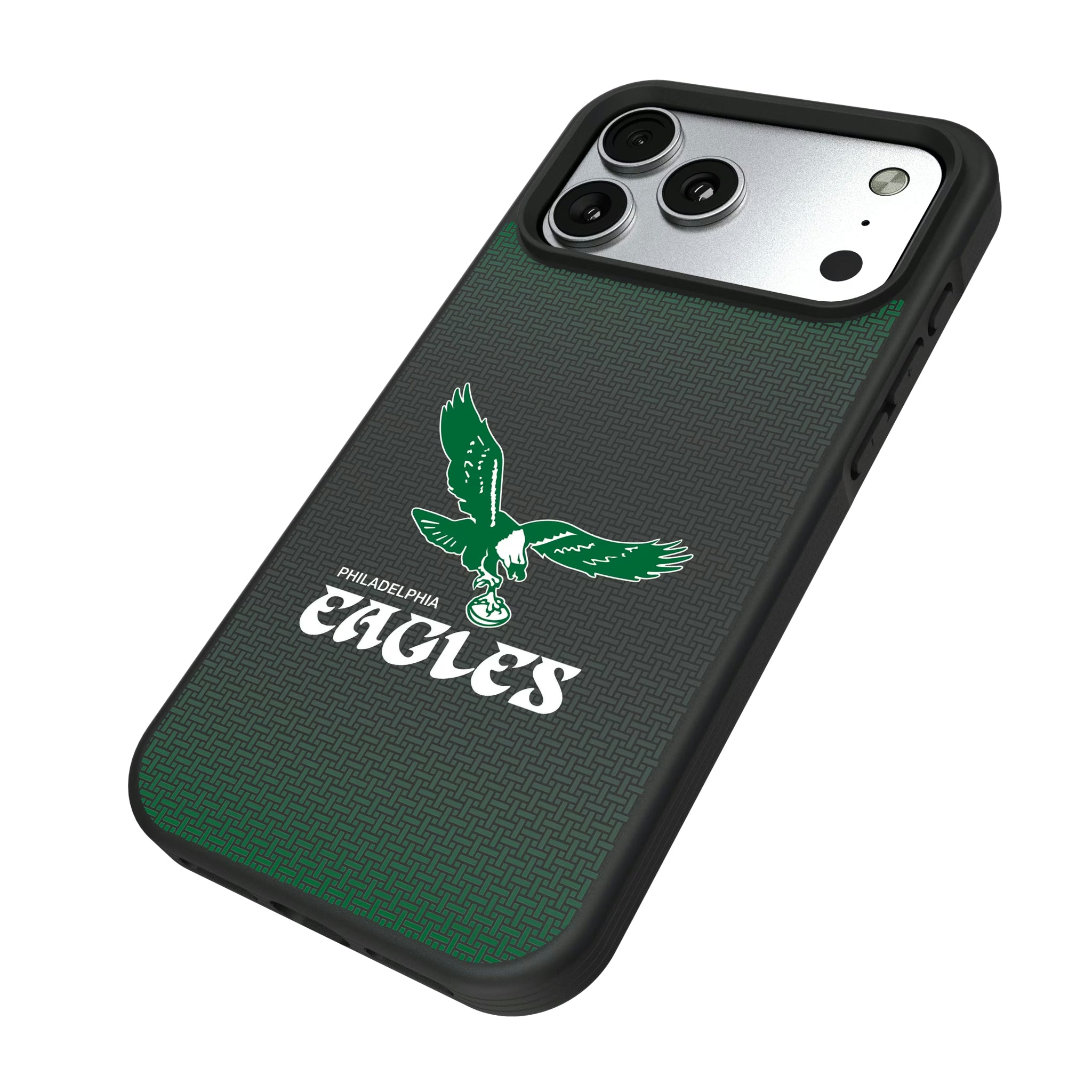 Philadelphia Eagles 1973-1995 Historic Collection Linen iPhone Bump Phone Case for Apple iPhone - Isometric View#Device_iPhone 17 Pro Max