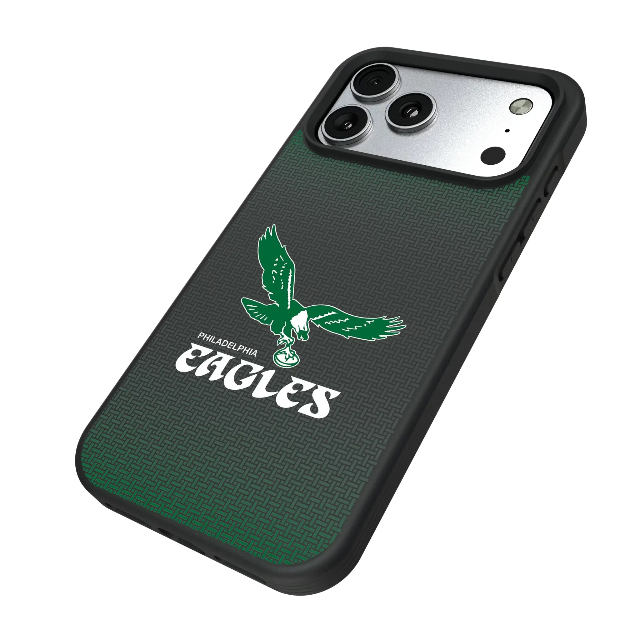 Philadelphia Eagles 1973-1995 Historic Collection Linen iPhone Bump Phone Case for Apple iPhone - Isometric View#Device_iPhone 17 Pro Max