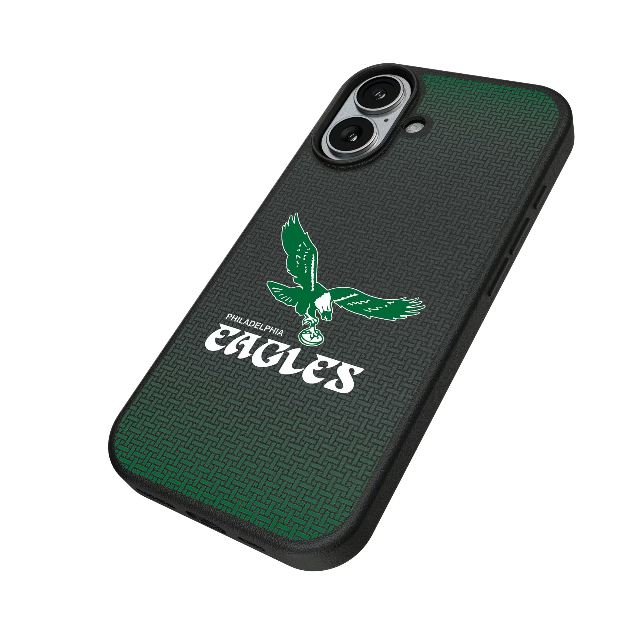 Philadelphia Eagles 1973-1995 Historic Collection Linen iPhone MagSafe Compatible Phone Case for Apple iPhone - Isometric View#Device_iPhone 17