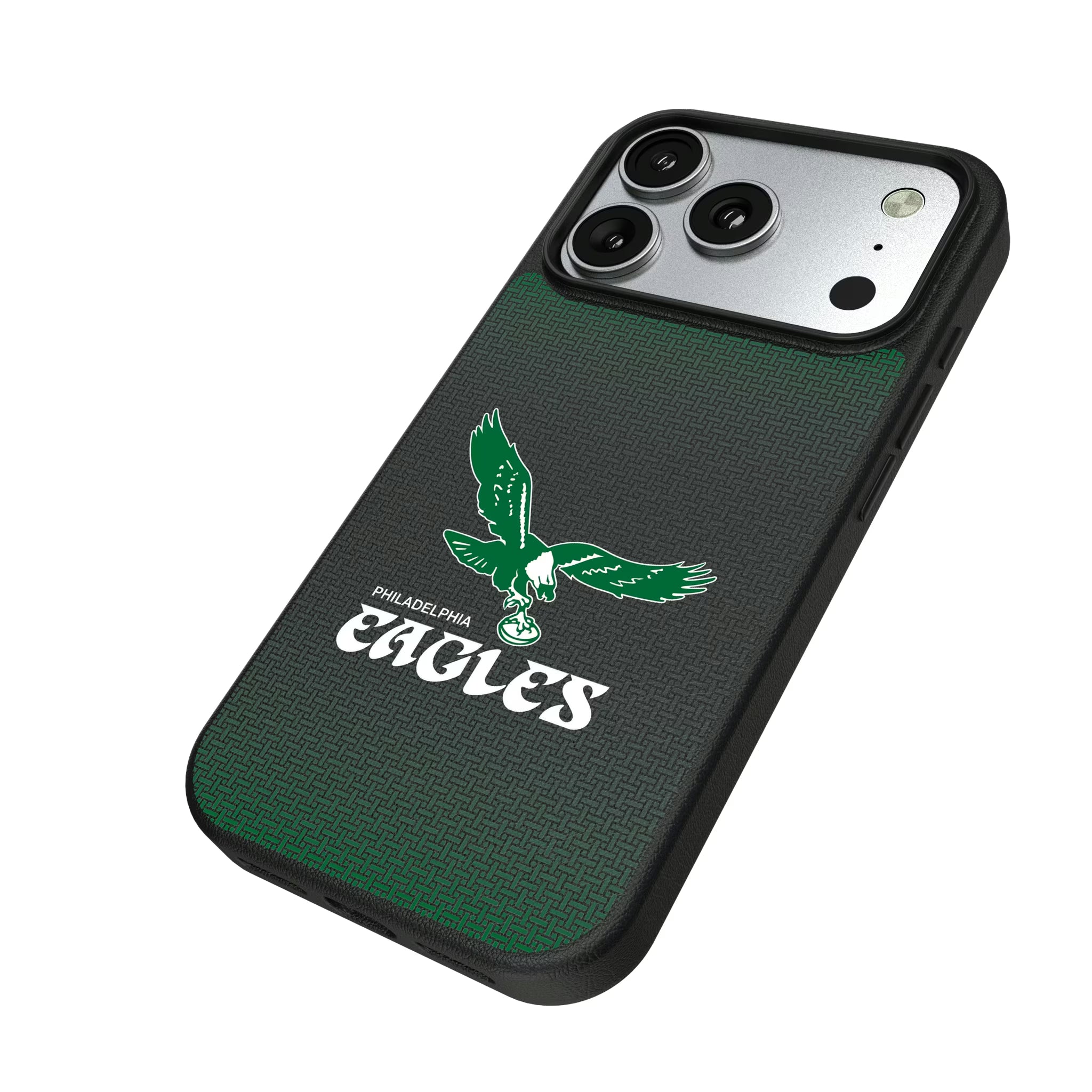 Philadelphia Eagles 1973-1995 Historic Collection Linen iPhone MagSafe Compatible Phone Case for Apple iPhone - Isometric View#Device_iPhone 17 Pro