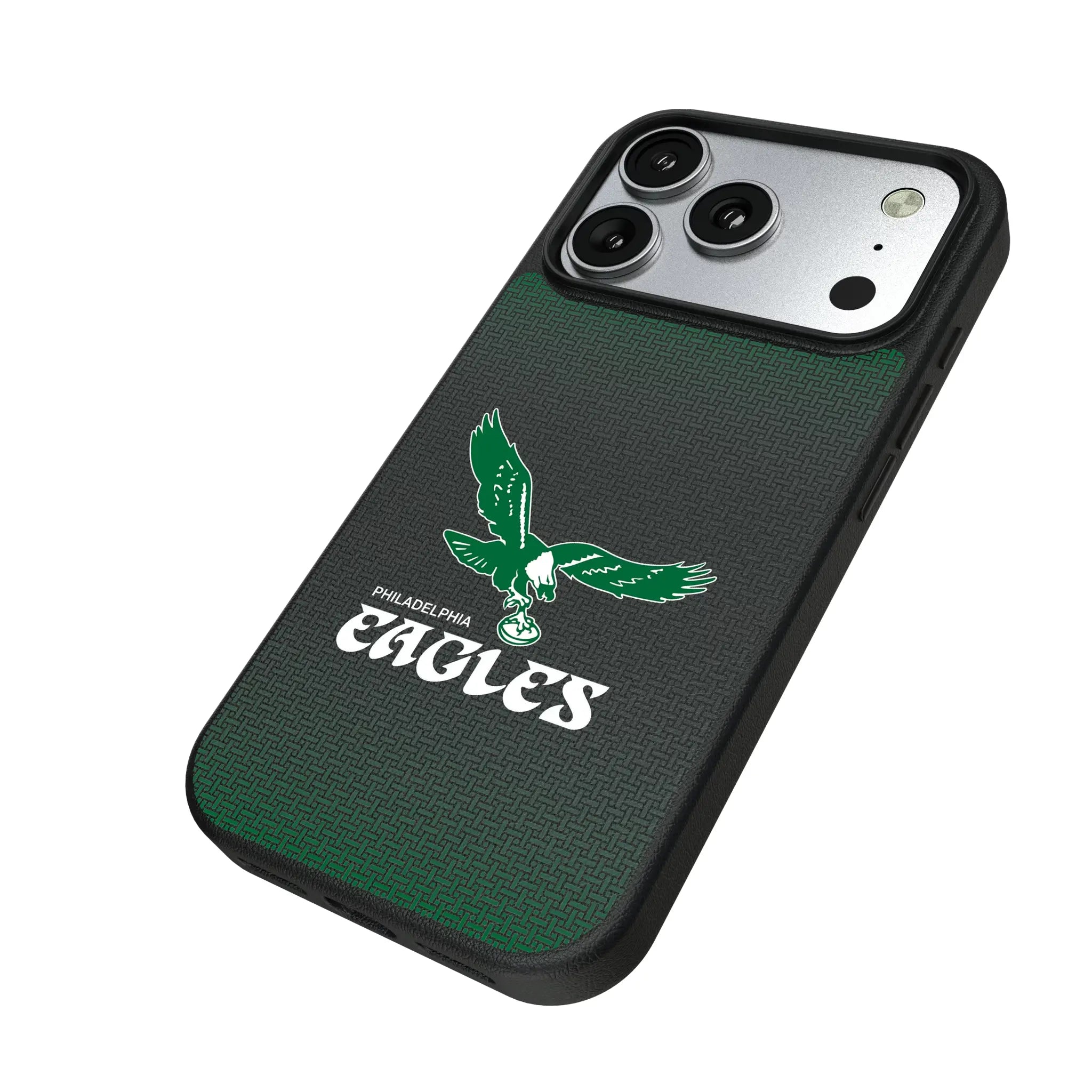 Philadelphia Eagles 1973-1995 Historic Collection Linen iPhone MagSafe Compatible Phone Case for Apple iPhone - Isometric View#Device_iPhone 17 Pro