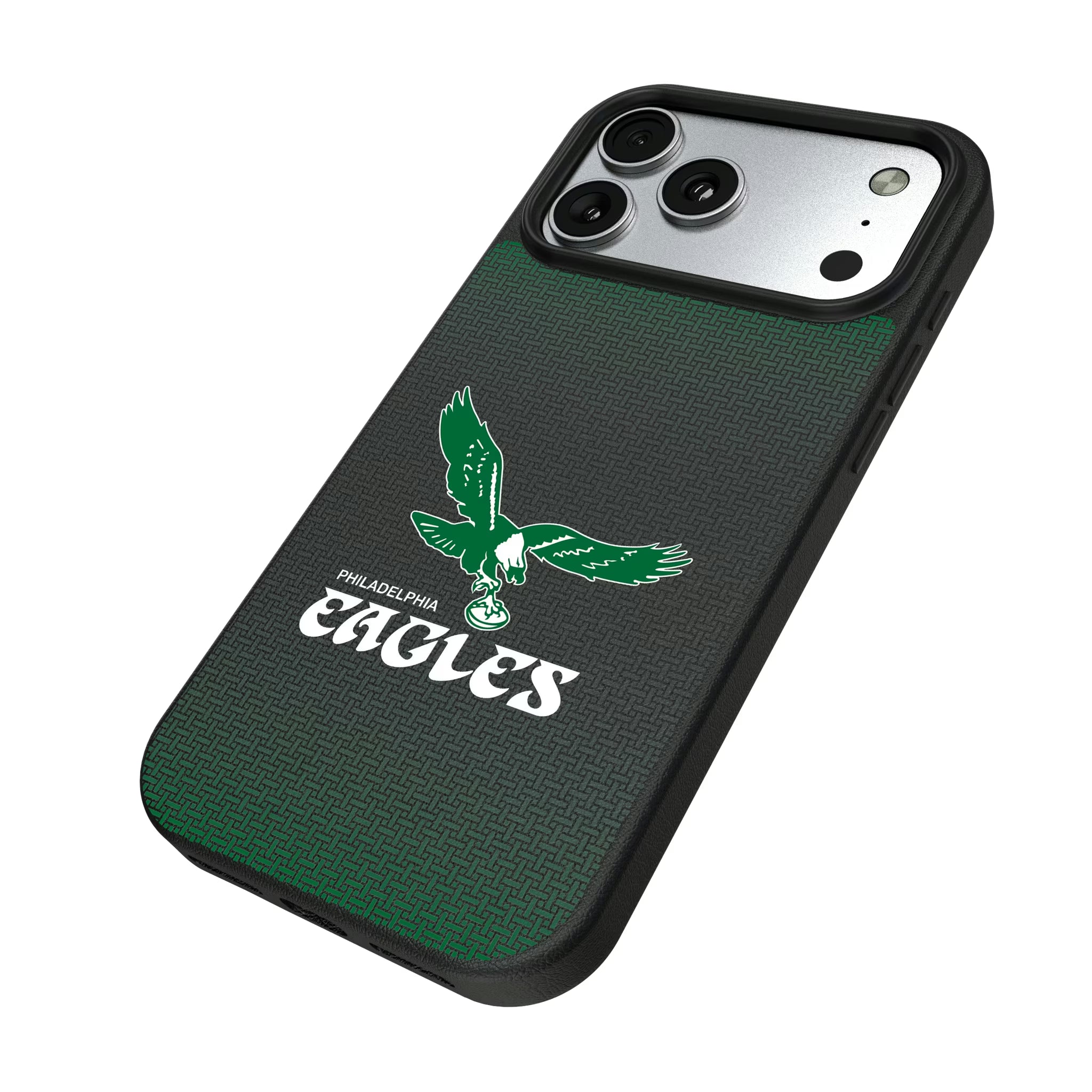 Philadelphia Eagles 1973-1995 Historic Collection Linen iPhone MagSafe Compatible Phone Case for Apple iPhone - Isometric View#Device_iPhone 17 Pro Max