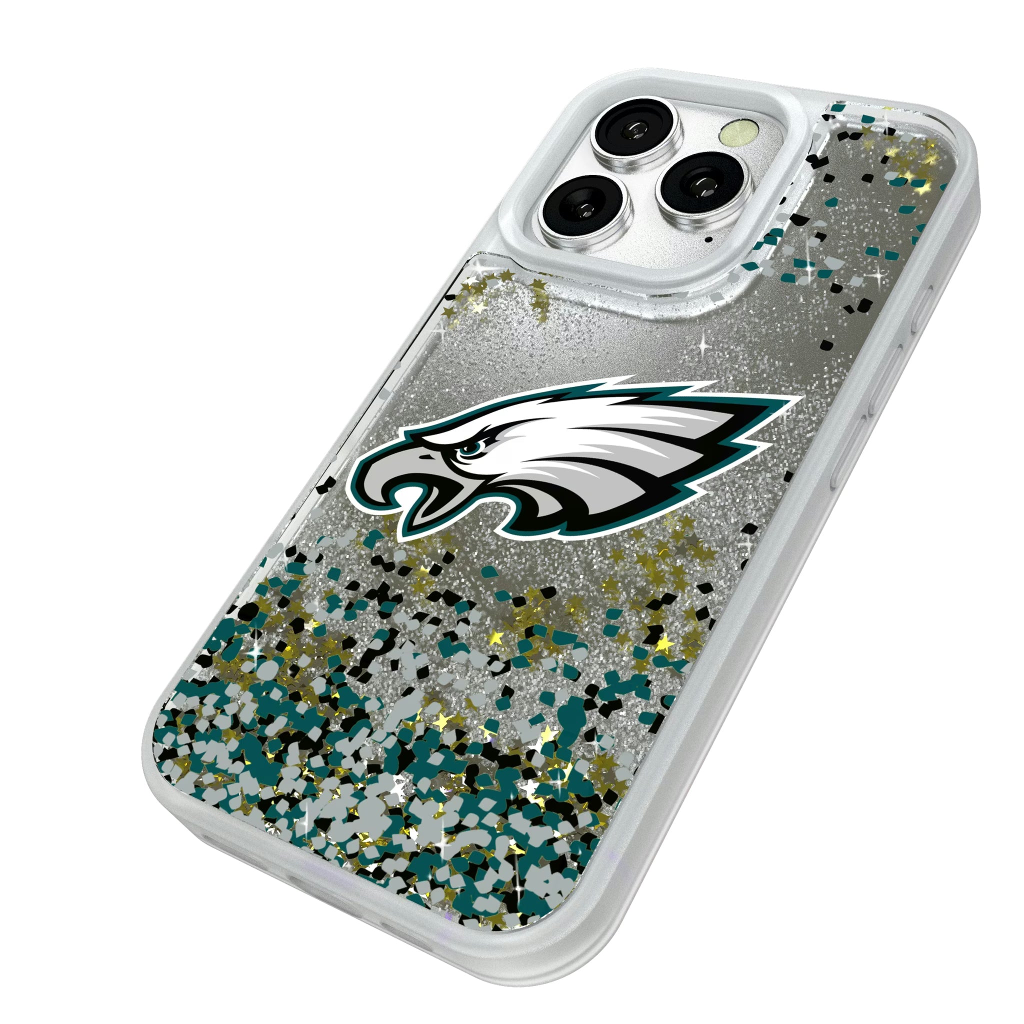 Philadelphia Eagles Confetti iPhone Glitter Phone Case for Apple iPhone - Isometric View#Device_iPhone 16 Pro