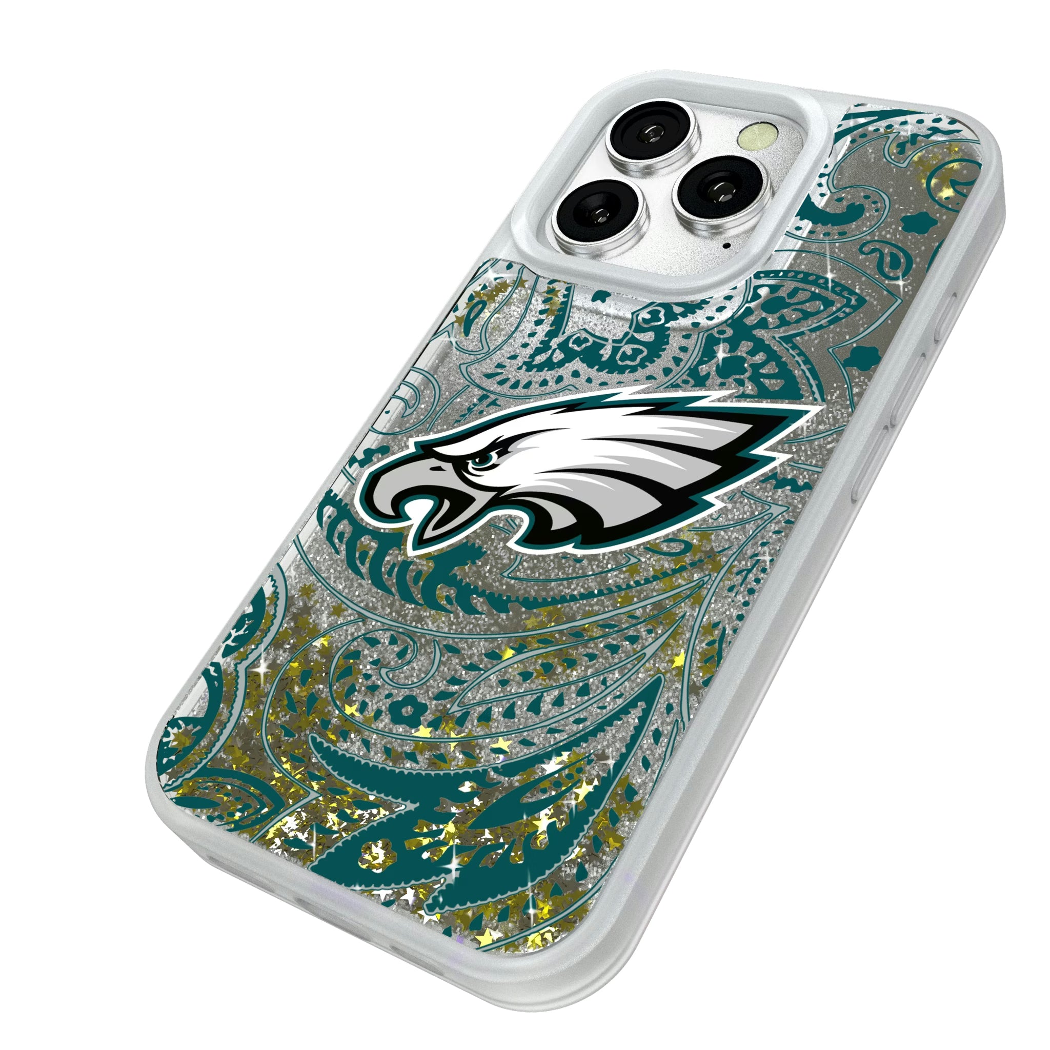 Philadelphia Eagles Paisley iPhone Glitter Phone Case for Apple iPhone - Isometric View#Device_iPhone 16 Pro
