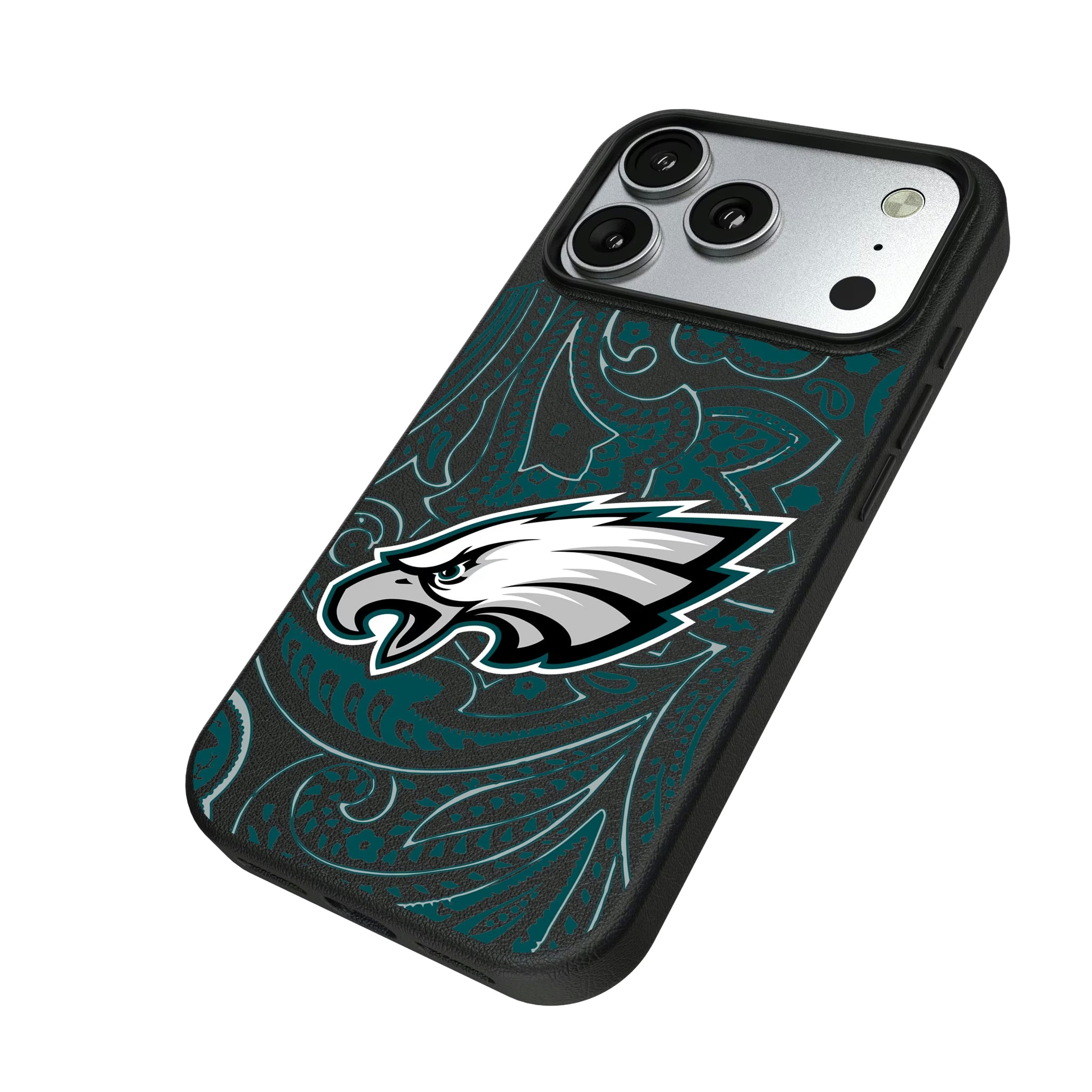 Philadelphia Eagles Paisley iPhone MagSafe Compatible Phone Case for Apple iPhone - Isometric View#Device_iPhone 17 Pro