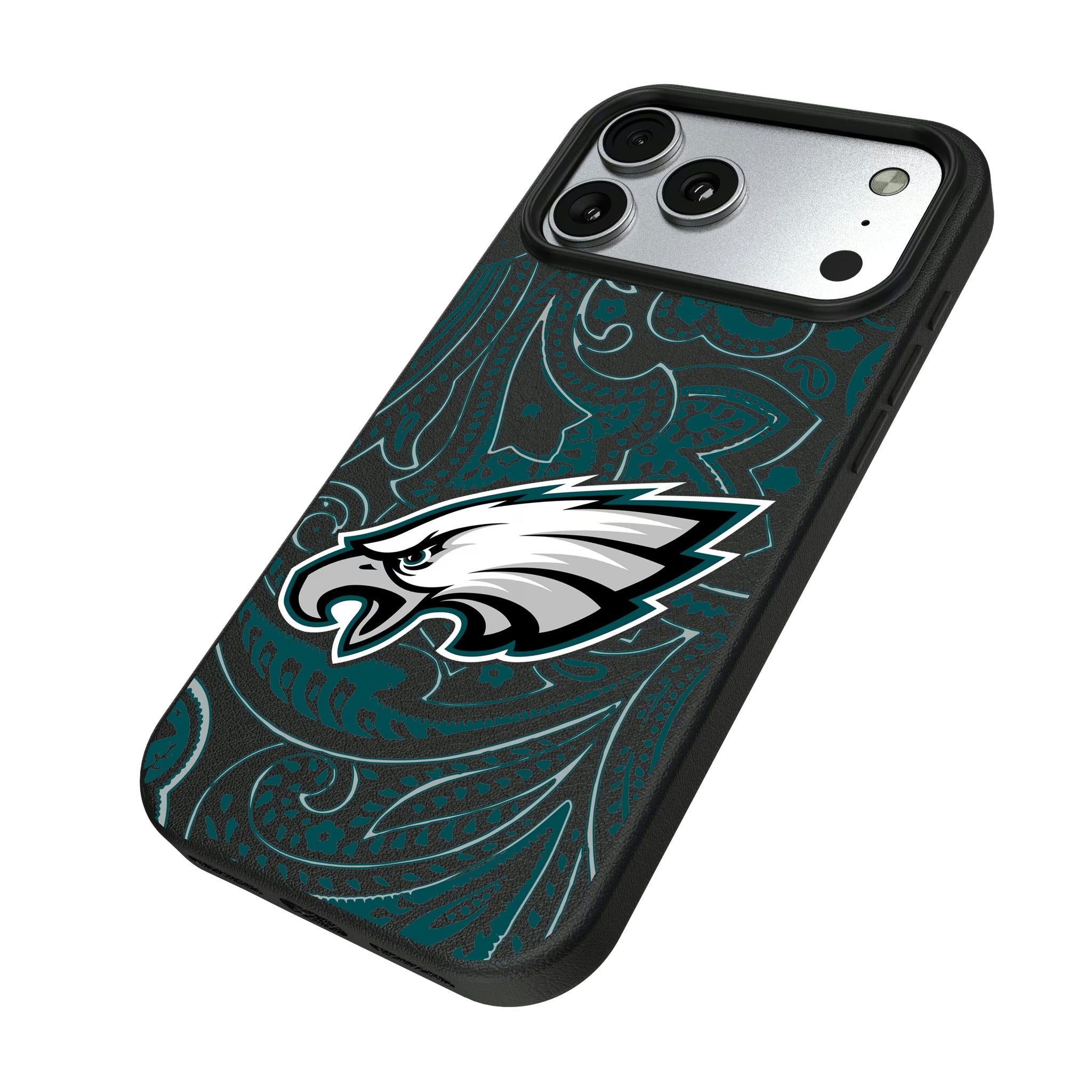 Philadelphia Eagles Paisley iPhone MagSafe Compatible Phone Case for Apple iPhone - Isometric View#Device_iPhone 17 Pro Max