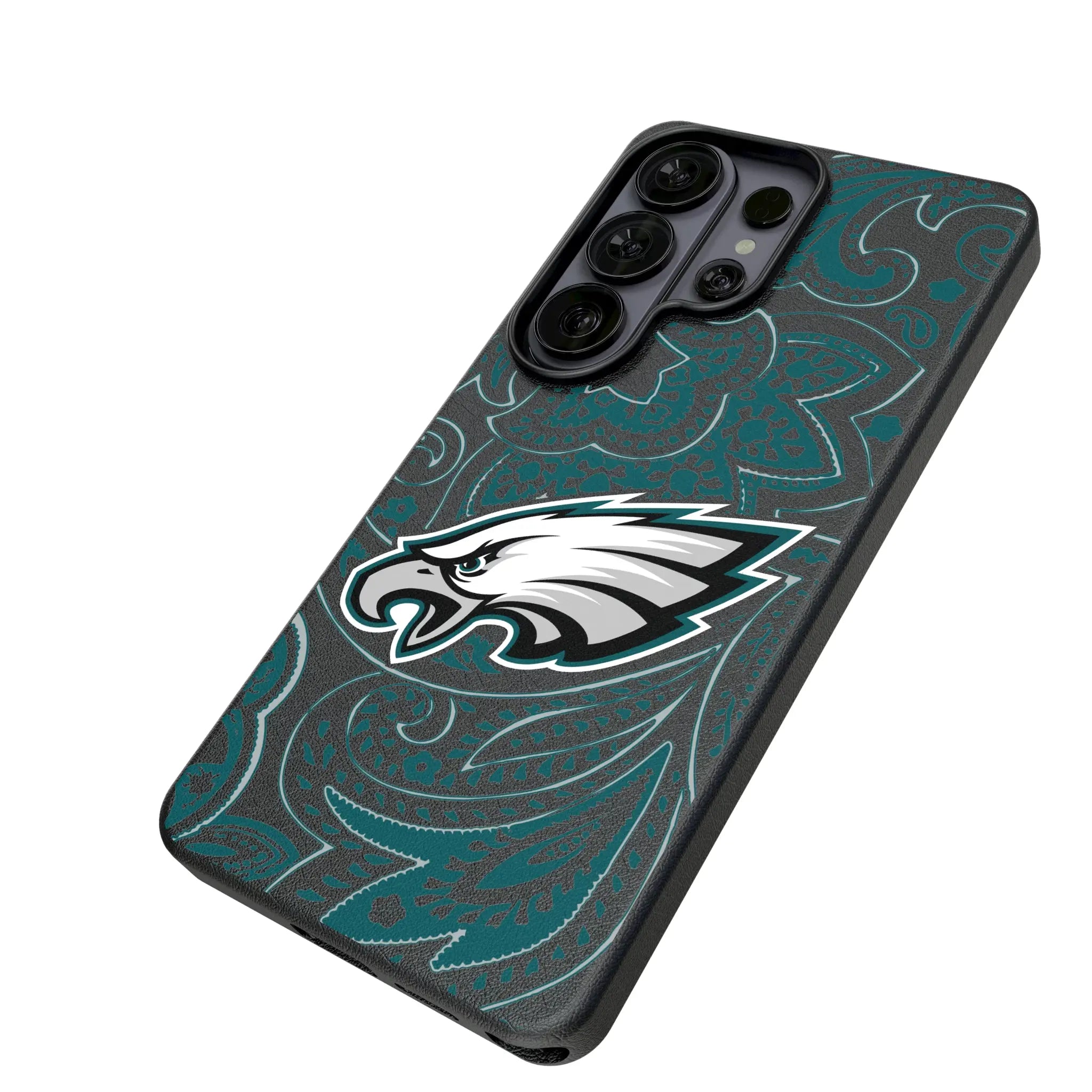 Philadelphia Eagles Paisley Galaxy MagSafe Compatible Phone Case for Samsung Galaxy - Isometric View#Device_Galaxy S26 Ultra