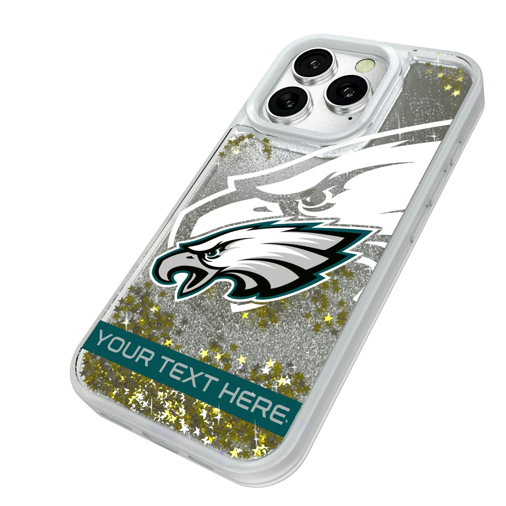 Philadelphia Eagles Personalized Tilt iPhone Glitter Phone Case for Apple iPhone - Isometric View#Device_iPhone 16 Pro