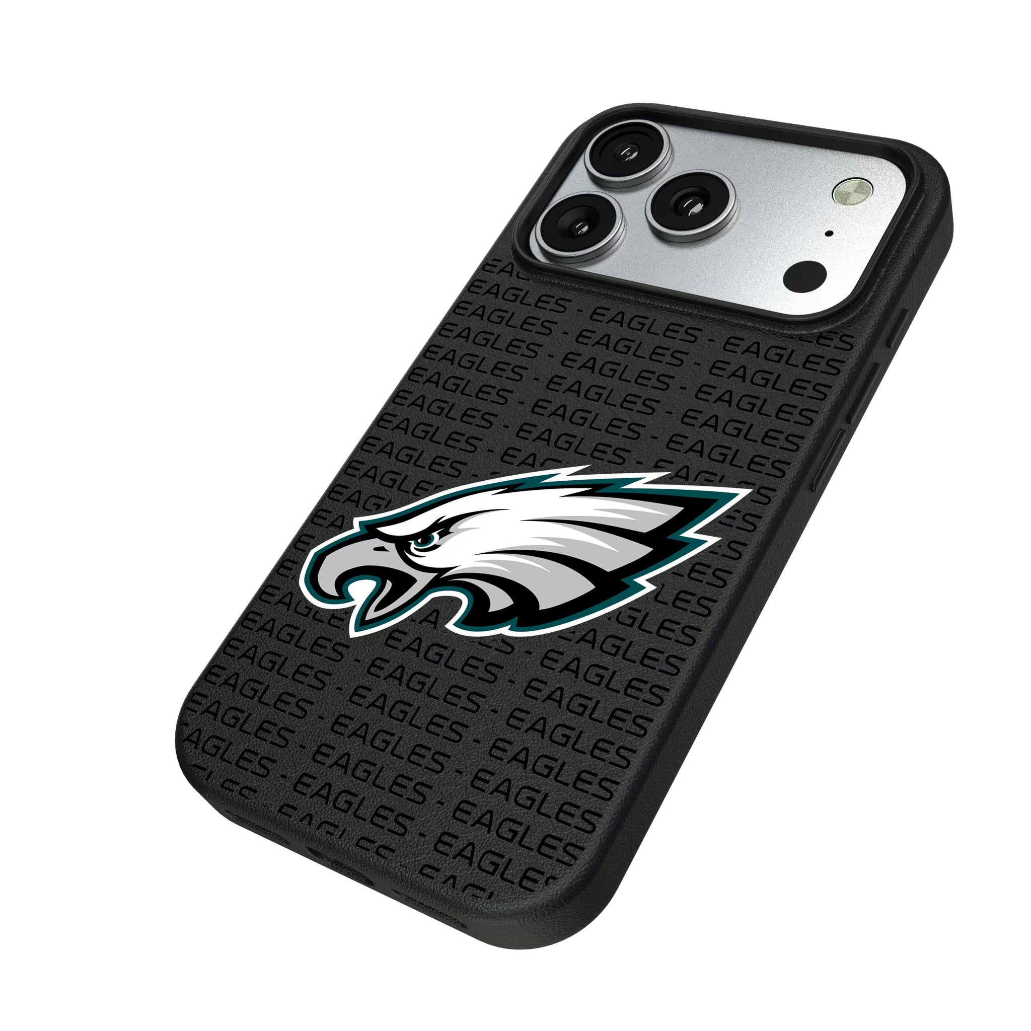 Philadelphia Eagles Text Backdrop iPhone MagSafe Compatible Phone Case for Apple iPhone - Isometric View#Device_iPhone 17 Pro