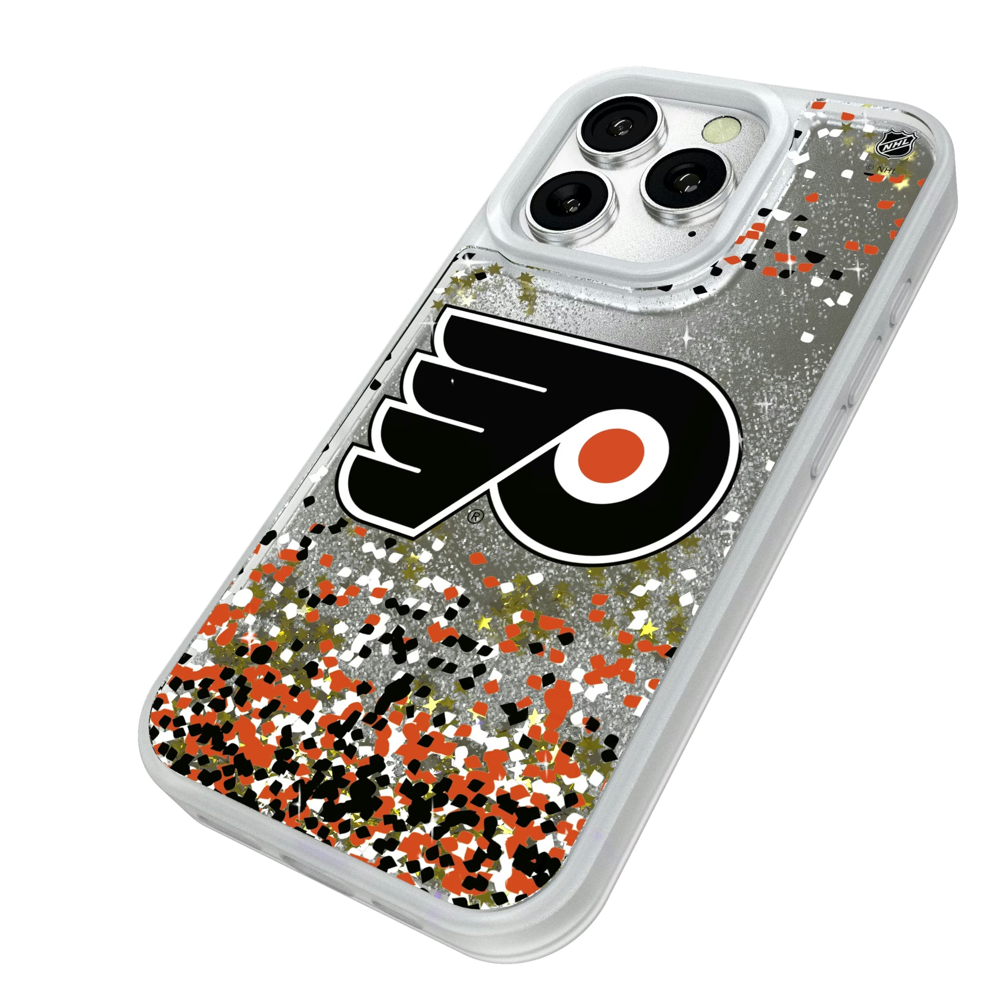 Philadelphia Flyers Confetti iPhone Glitter Phone Case for Apple iPhone - Isometric View#Device_iPhone 16 Pro