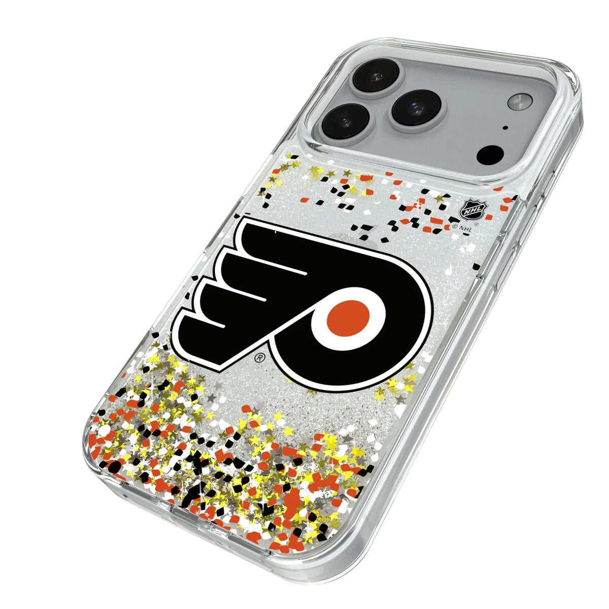 Philadelphia Flyers Confetti iPhone Glitter Phone Case for Apple iPhone - Isometric View#Device_iPhone 18 Pro
