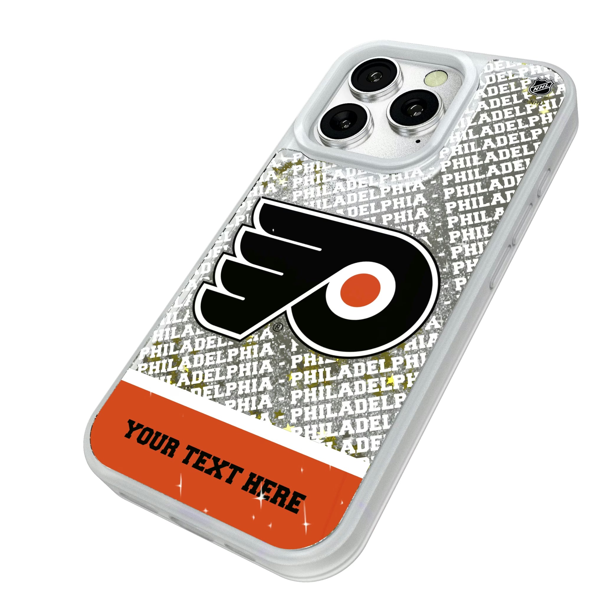 Philadelphia Flyers Personalized EndZone Plus iPhone Glitter Phone Case for Apple iPhone - Isometric View#Device_iPhone 16 Pro