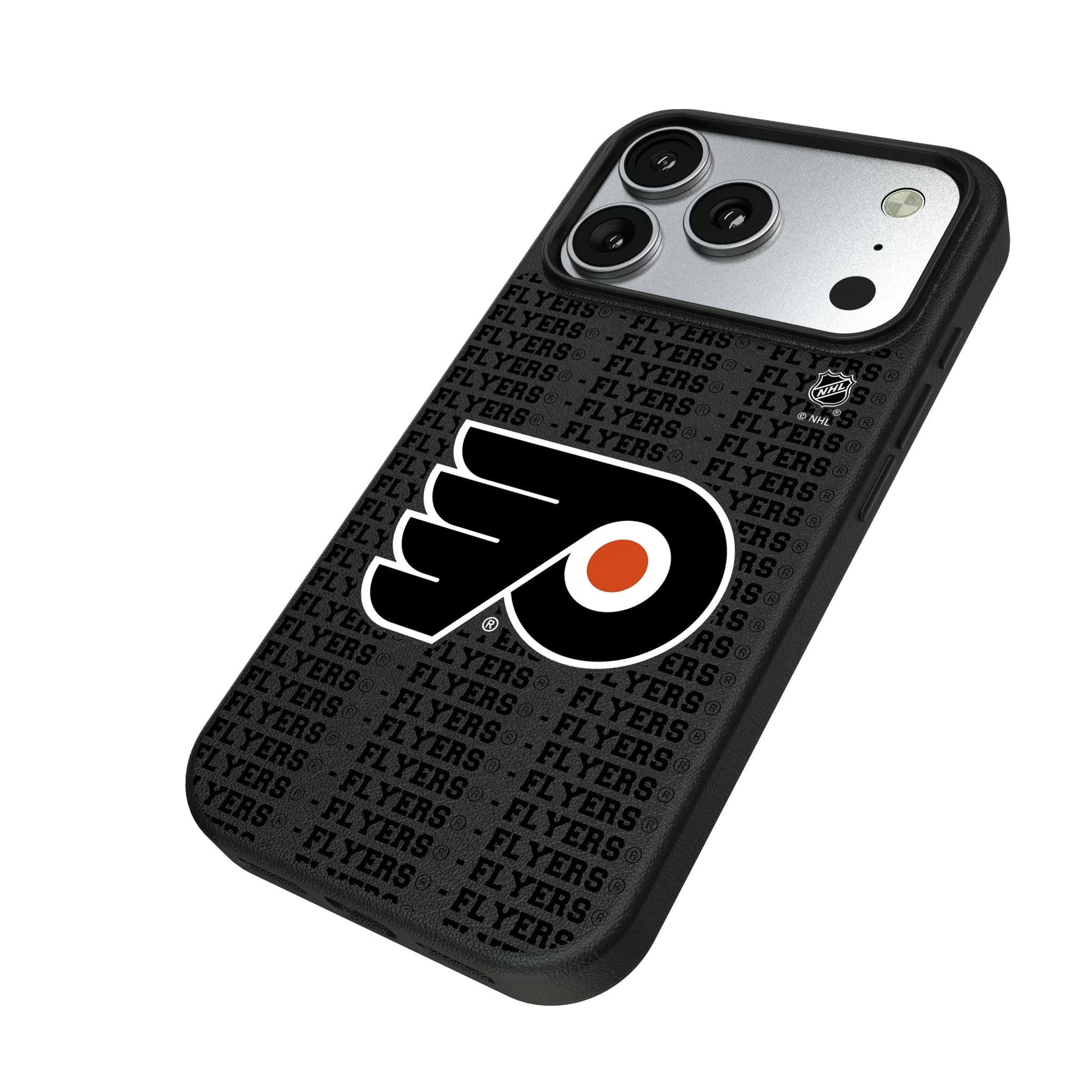 Philadelphia Flyers Text Backdrop iPhone MagSafe Compatible Phone Case for Apple iPhone - Isometric View#Device_iPhone 17 Pro
