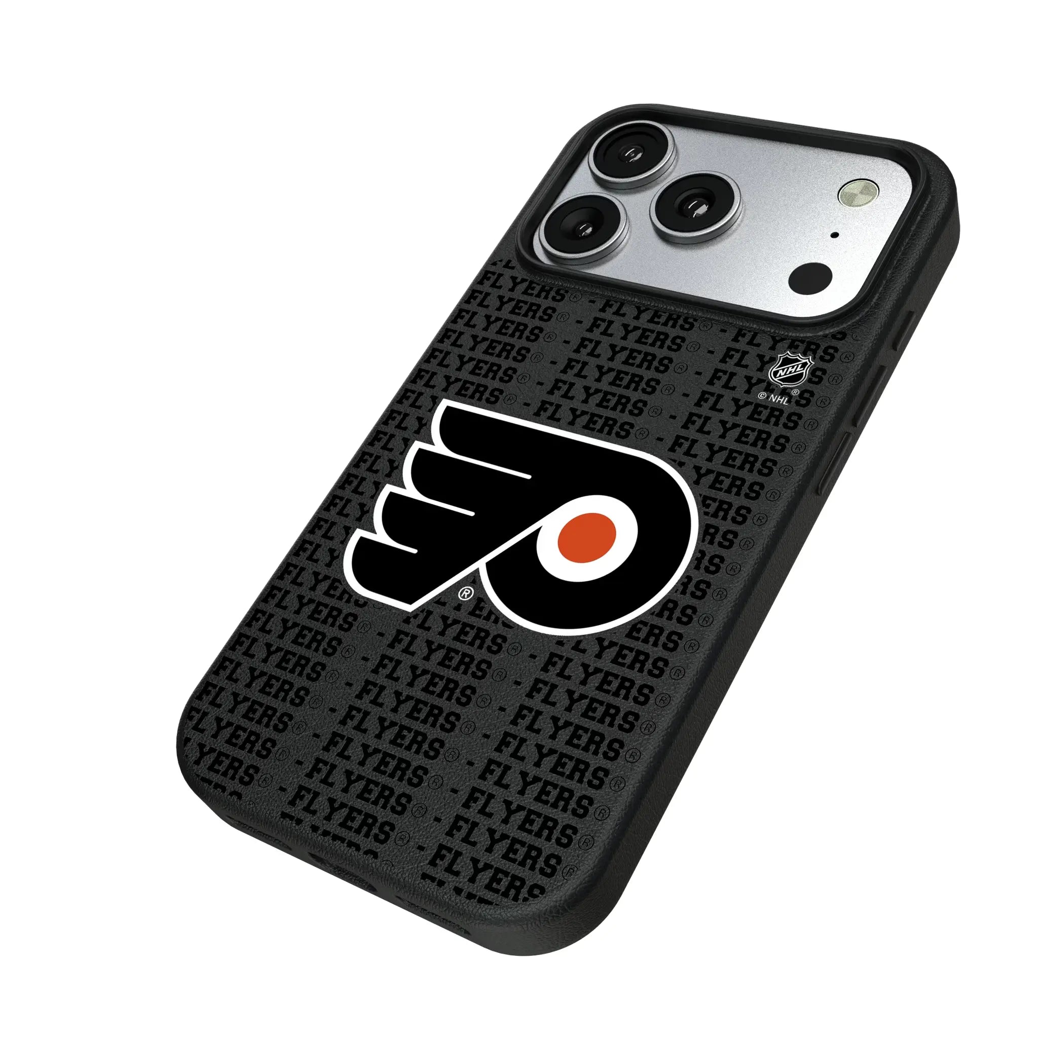 Philadelphia Flyers Text Backdrop iPhone MagSafe Compatible Phone Case for Apple iPhone - Isometric View#Device_iPhone 17 Pro