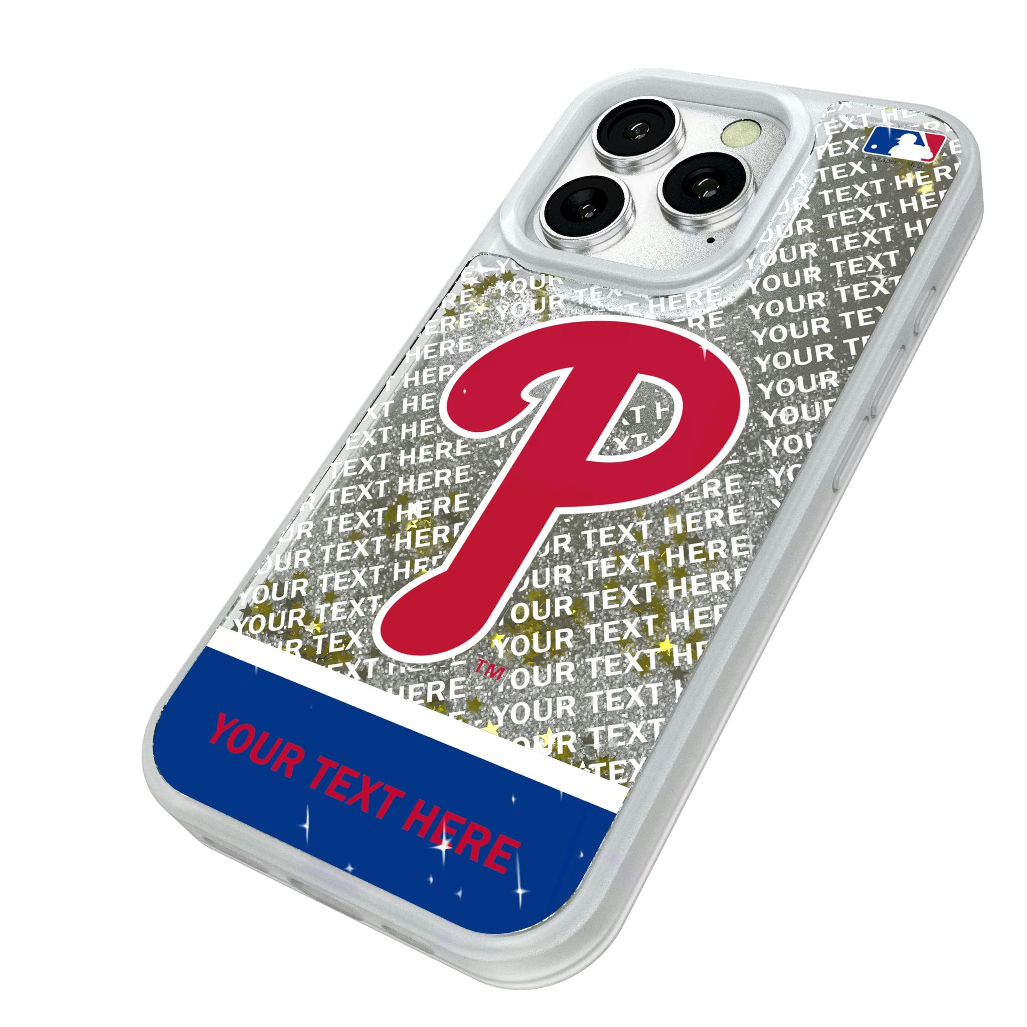 Philadelphia Phillies Personalized EndZone Plus iPhone Glitter Phone Case for Apple iPhone - Isometric View#Device_iPhone 16 Pro