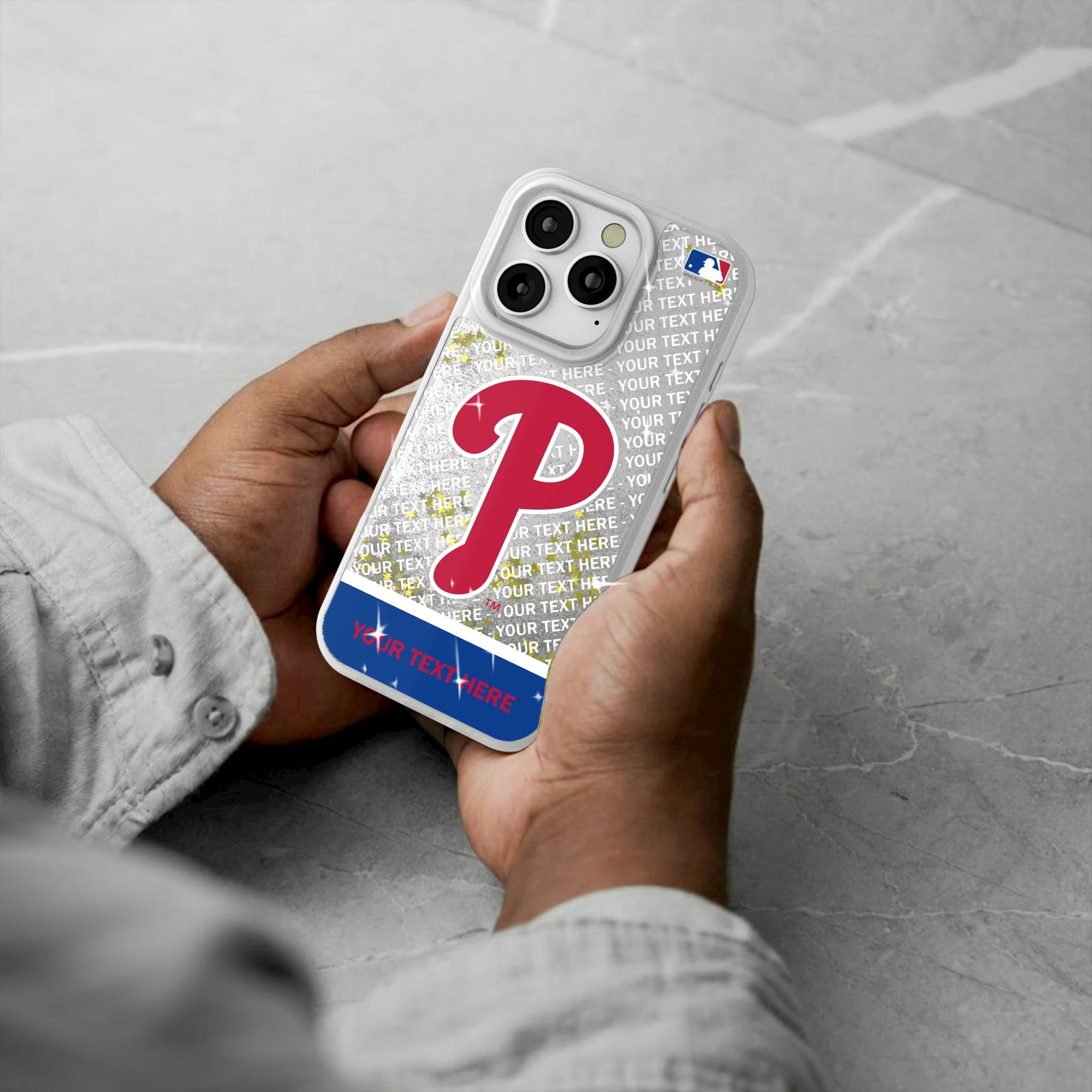 Philadelphia Phillies Personalized EndZone Plus iPhone Glitter Phone Case for Apple iPhone - Lifestyle#Device_iPhone 16 Pro