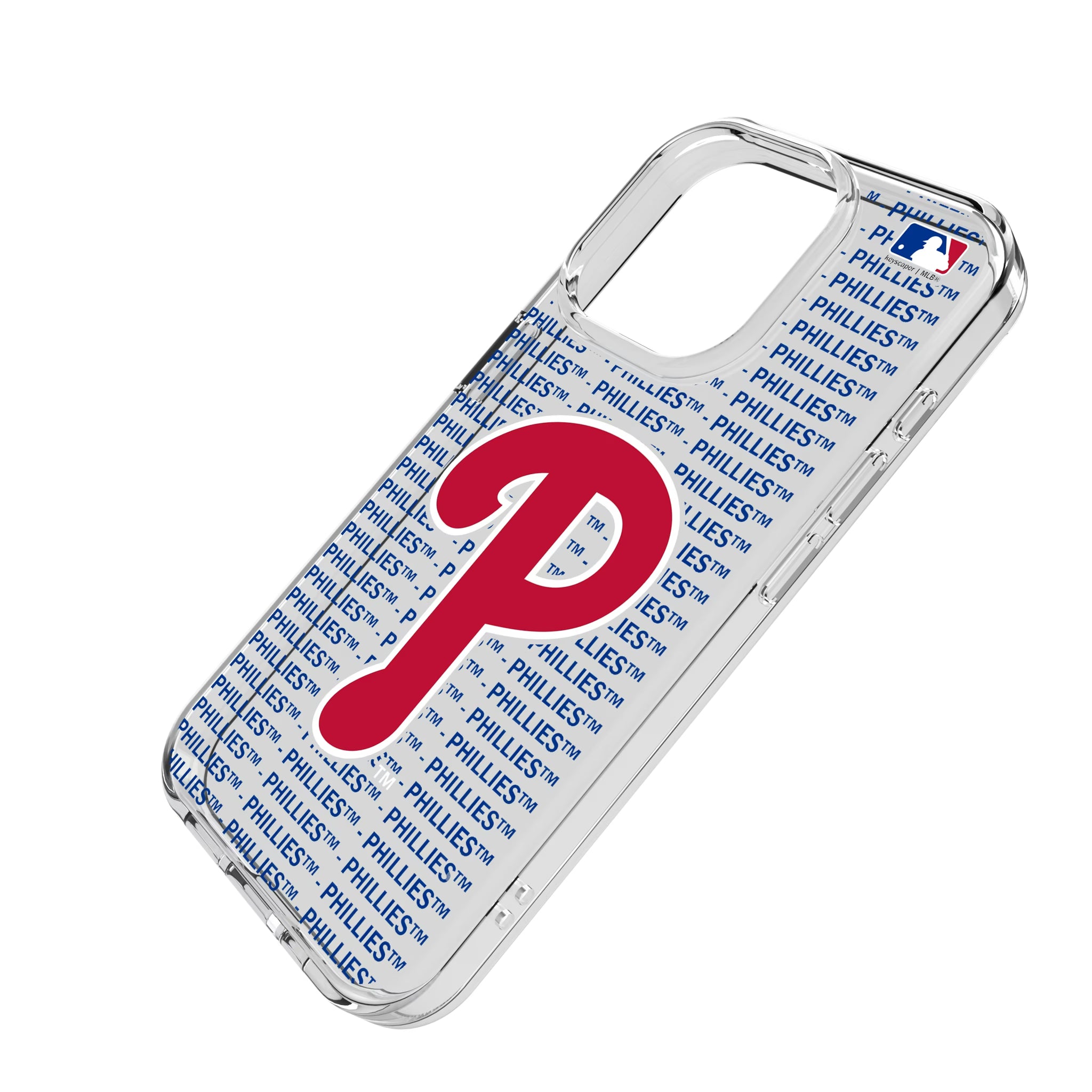 Philadelphia Phillies Text Backdrop iPhone Clear Phone Case for Apple iPhone - Isometric View