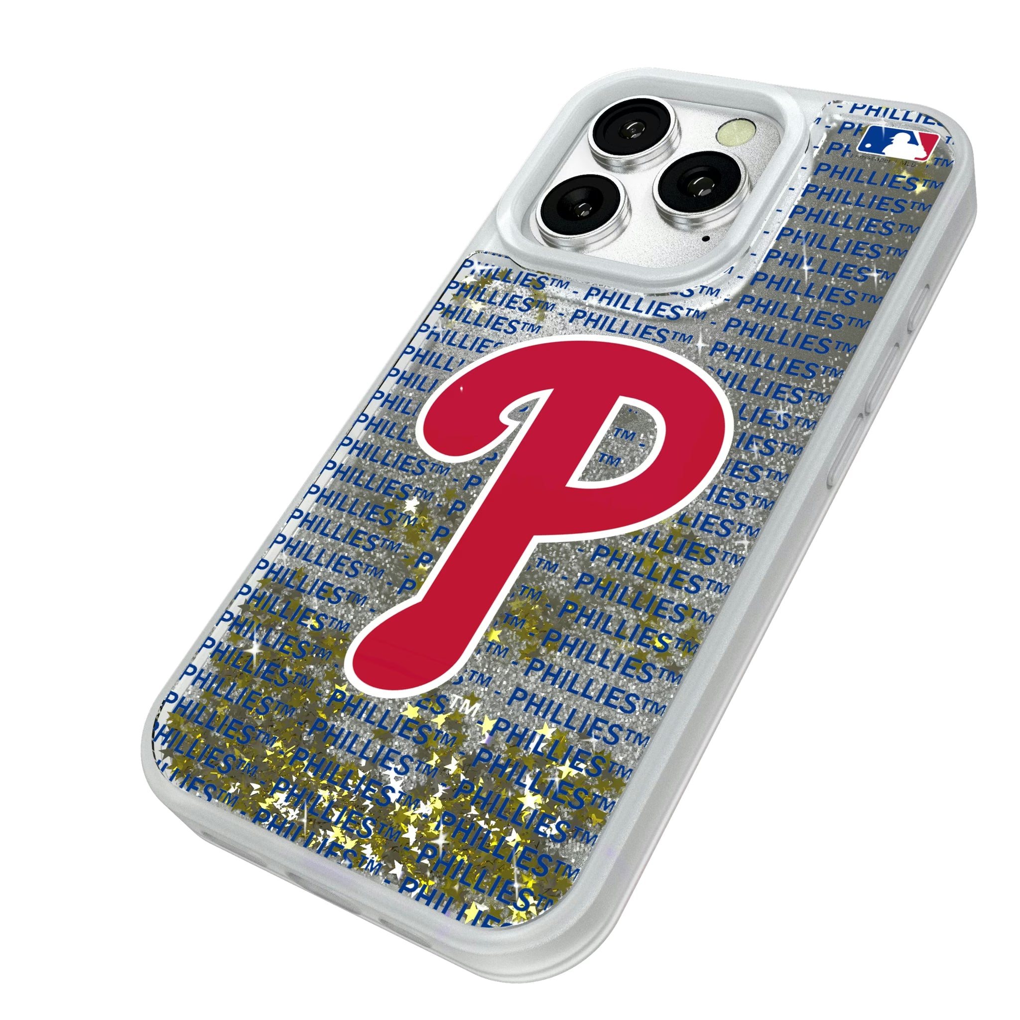 Philadelphia Phillies Text Backdrop iPhone Glitter Phone Case for Apple iPhone - Isometric View#Device_iPhone 16 Pro