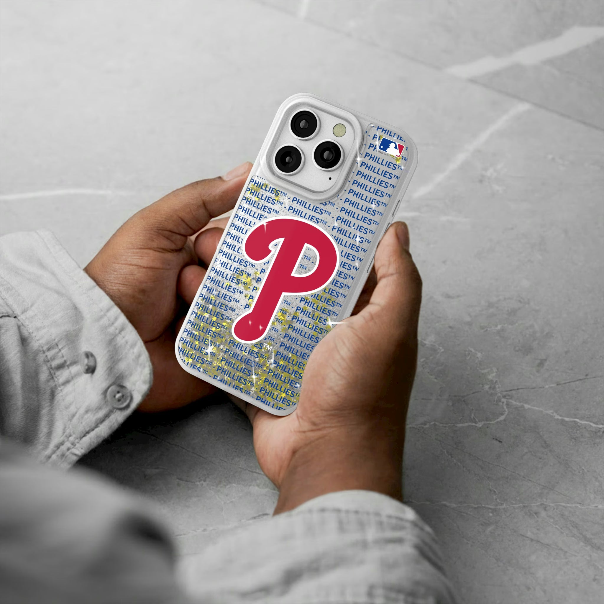 Philadelphia Phillies Text Backdrop iPhone Glitter Phone Case for Apple iPhone - Lifestyle#Device_iPhone 16 Pro
