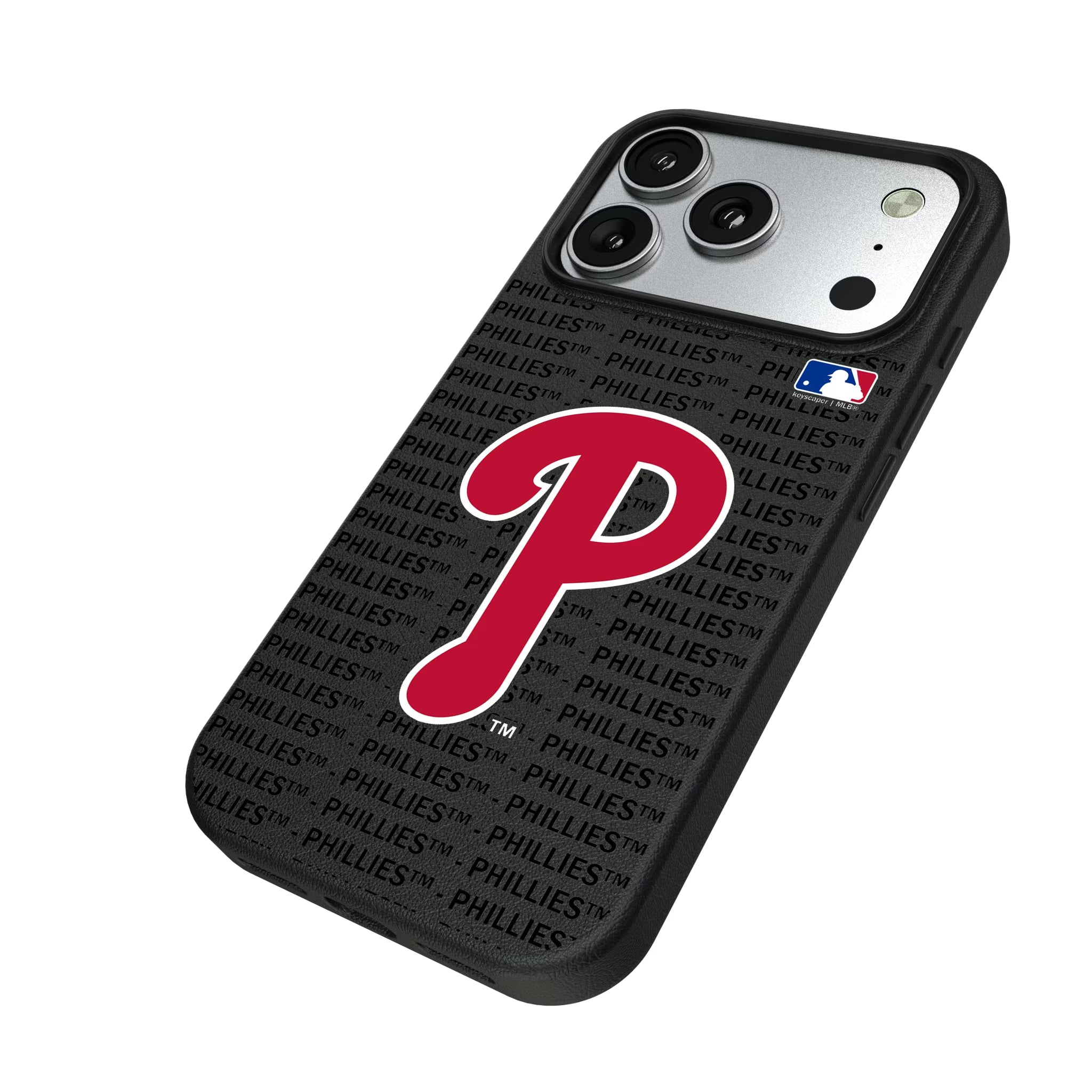 Philadelphia Phillies Text Backdrop iPhone MagSafe Compatible Phone Case for Apple iPhone - Isometric View#Device_iPhone 17 Pro