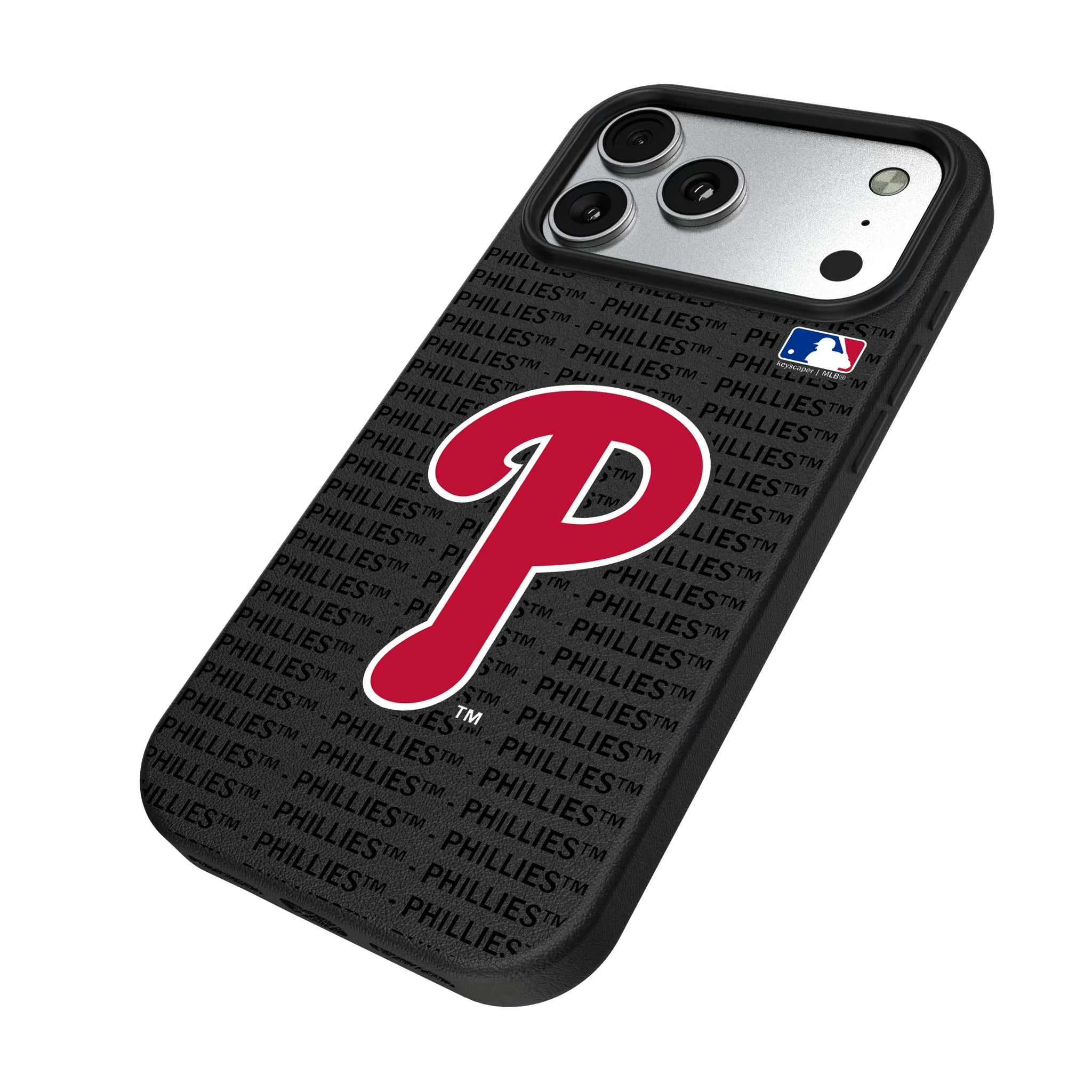 Philadelphia Phillies Text Backdrop iPhone MagSafe Compatible Phone Case for Apple iPhone - Isometric View#Device_iPhone 17 Pro Max