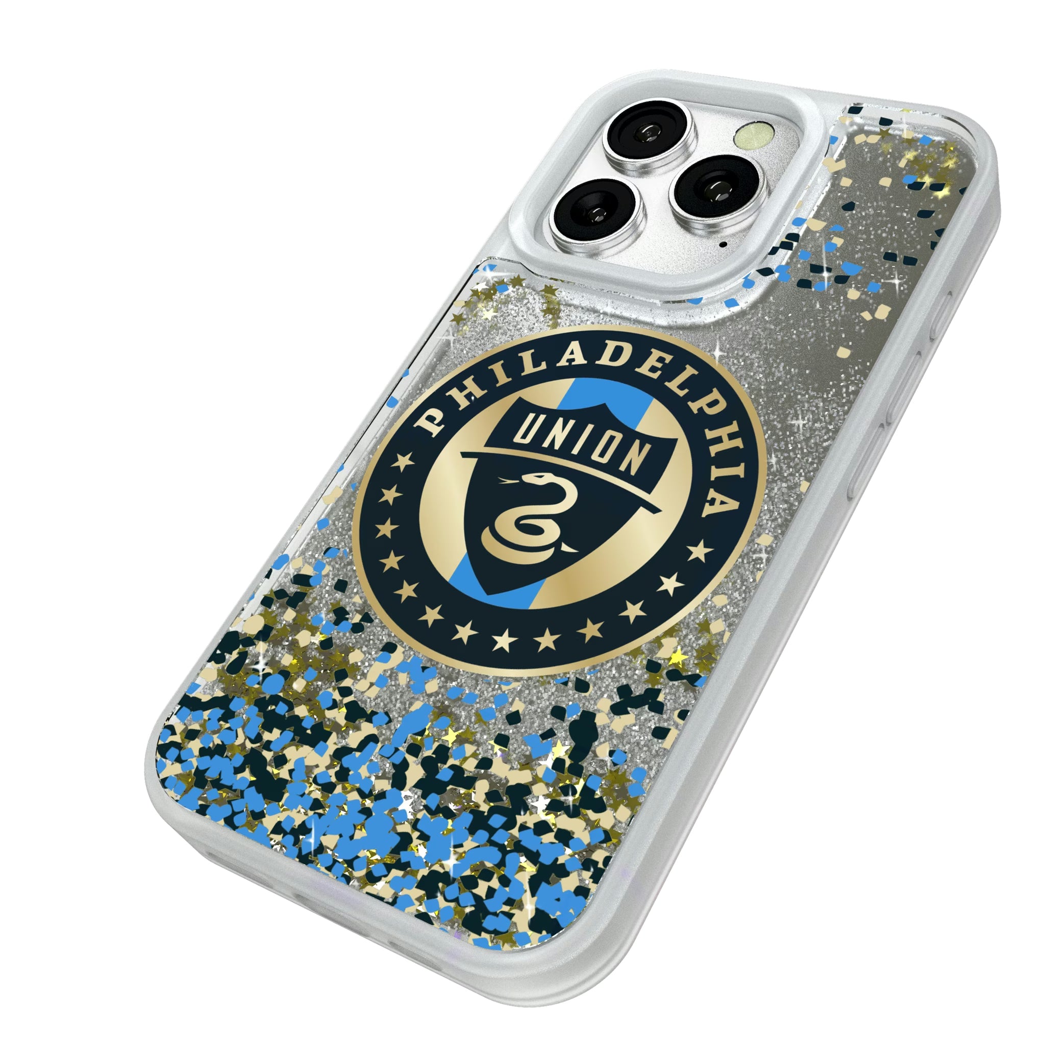 Philadelphia Union Confetti iPhone Glitter Phone Case for Apple iPhone - Isometric View#Device_iPhone 16 Pro
