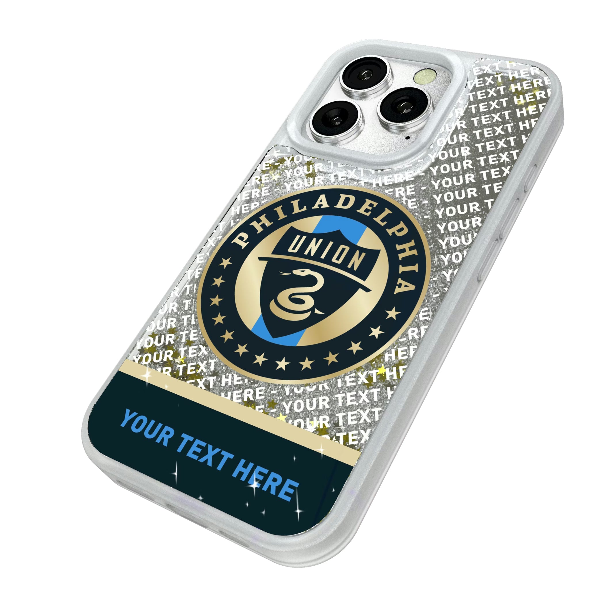 Philadelphia Union Personalized EndZone Plus iPhone Glitter Phone Case for Apple iPhone - Isometric View#Device_iPhone 16 Pro