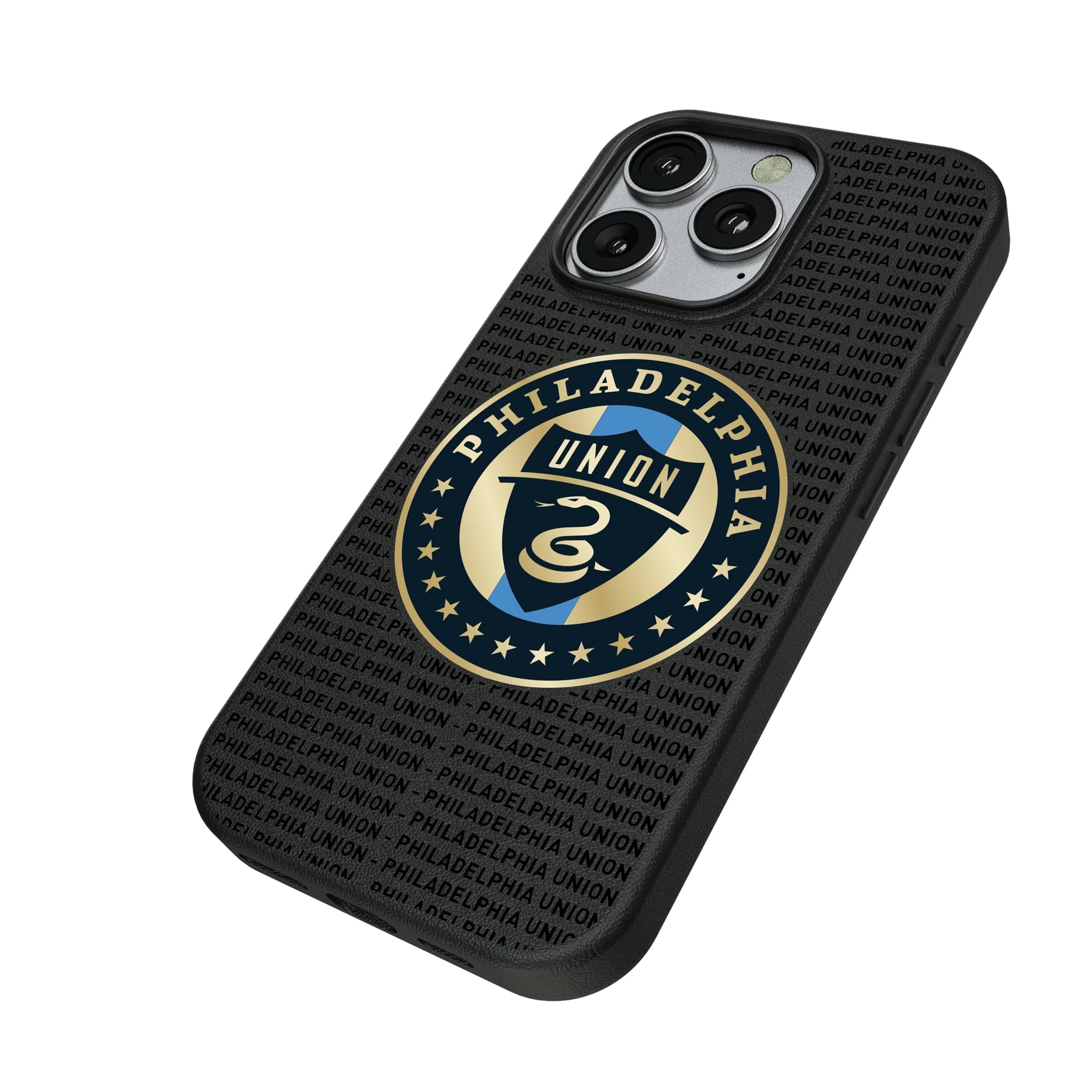 Philadelphia Union Text Backdrop iPhone MagSafe Compatible Phone Case for Apple iPhone - Isometric View