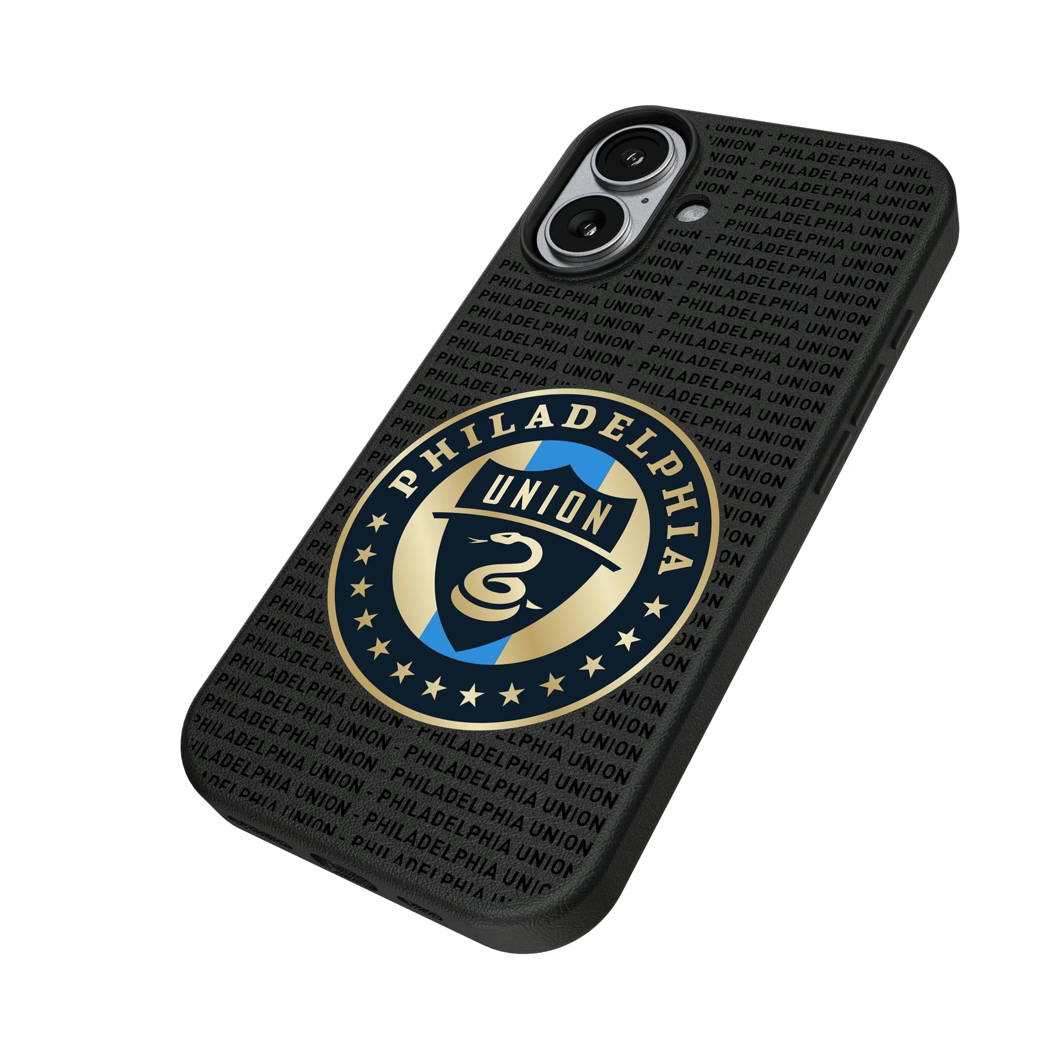 Philadelphia Union Text Backdrop iPhone MagSafe Compatible Phone Case for Apple iPhone - Isometric View#Device_iPhone 17