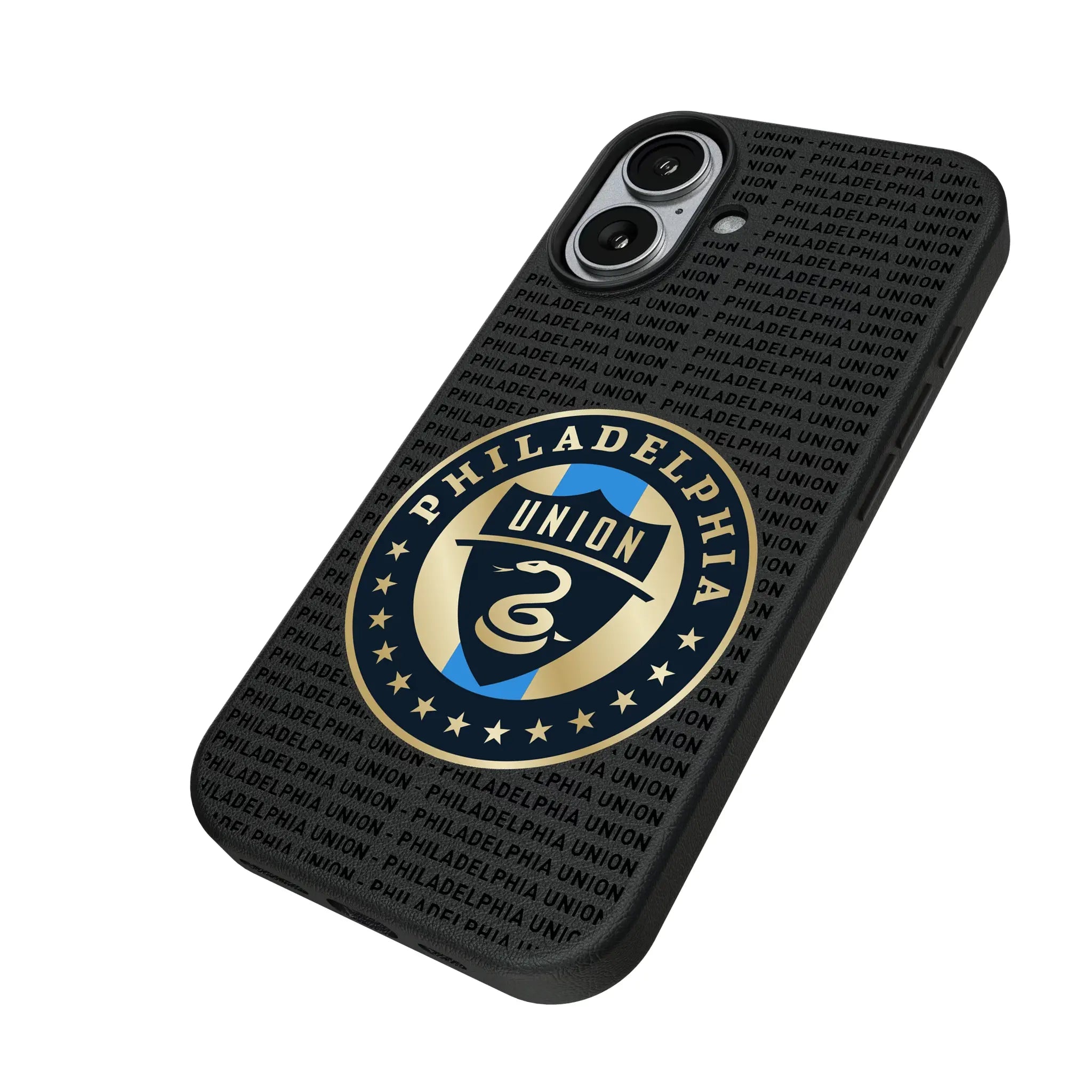 Philadelphia Union Text Backdrop iPhone MagSafe Compatible Phone Case for Apple iPhone - Isometric View#Device_iPhone 17