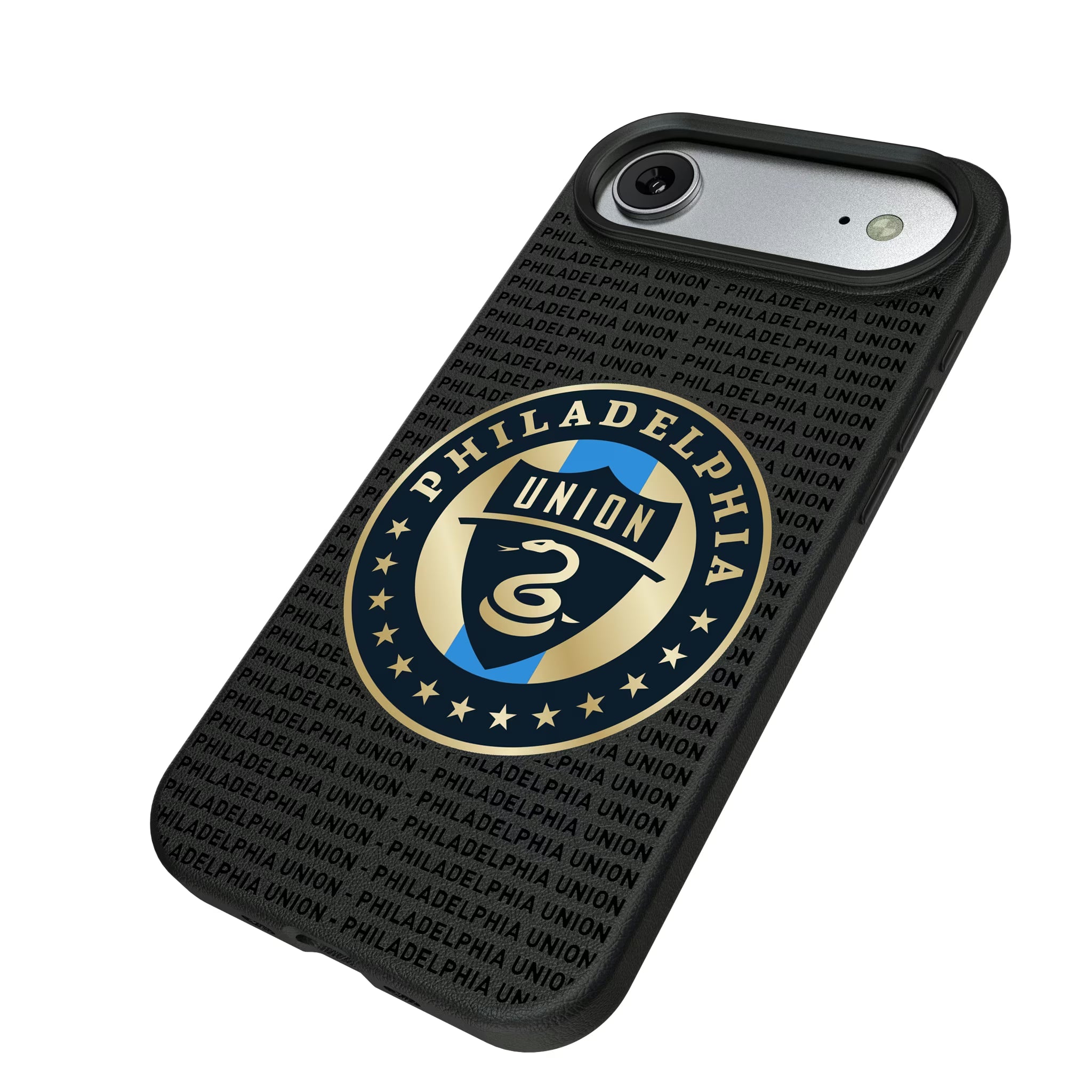 Philadelphia Union Text Backdrop iPhone MagSafe Compatible Phone Case for Apple iPhone - Isometric View#Device_iPhone Air