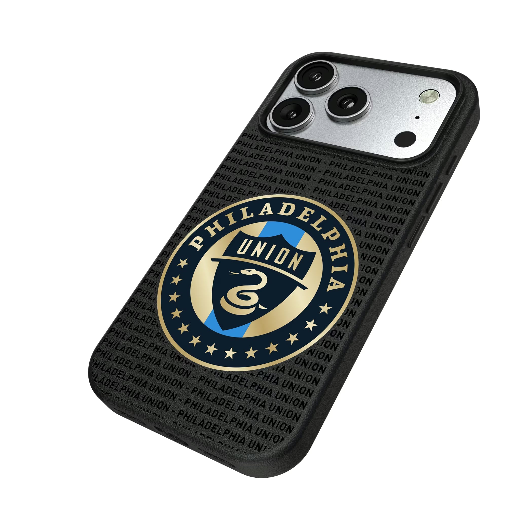Philadelphia Union Text Backdrop iPhone MagSafe Compatible Phone Case for Apple iPhone - Isometric View#Device_iPhone 17 Pro