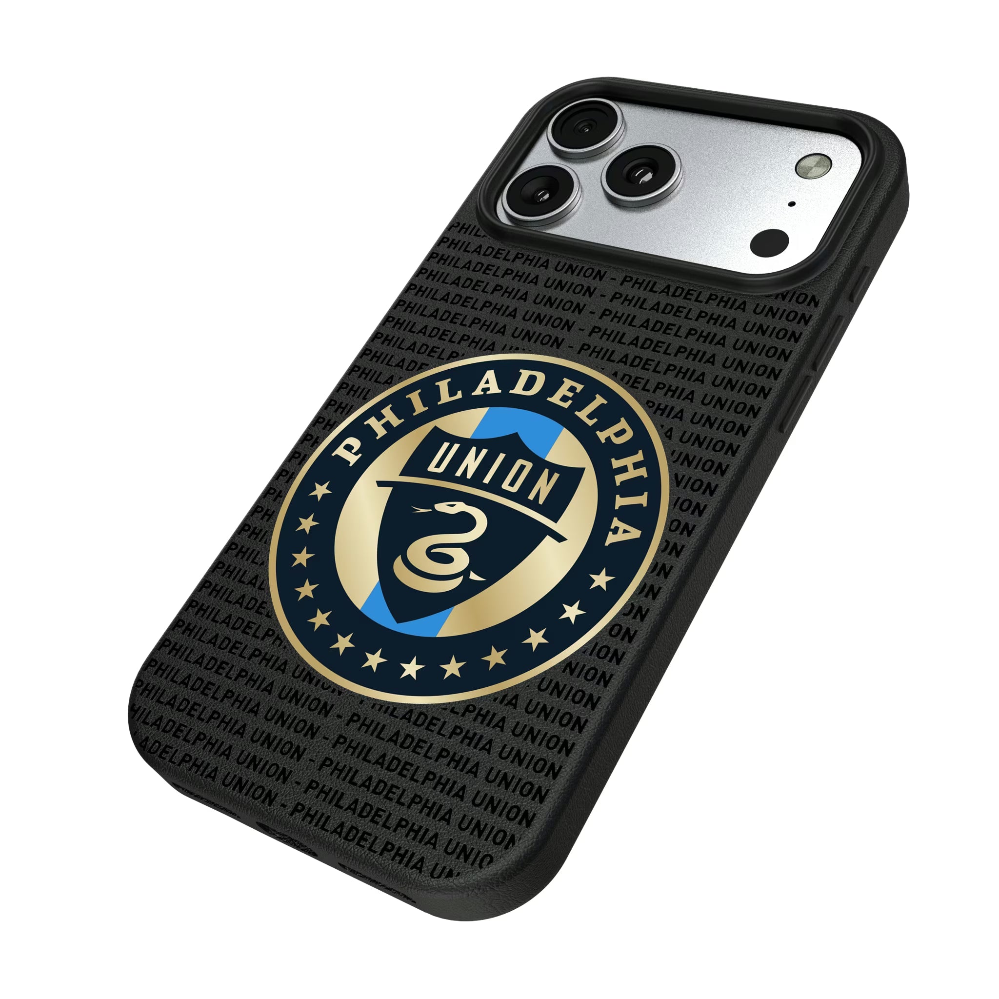 Philadelphia Union Text Backdrop iPhone MagSafe Compatible Phone Case for Apple iPhone - Isometric View#Device_iPhone 17 Pro Max