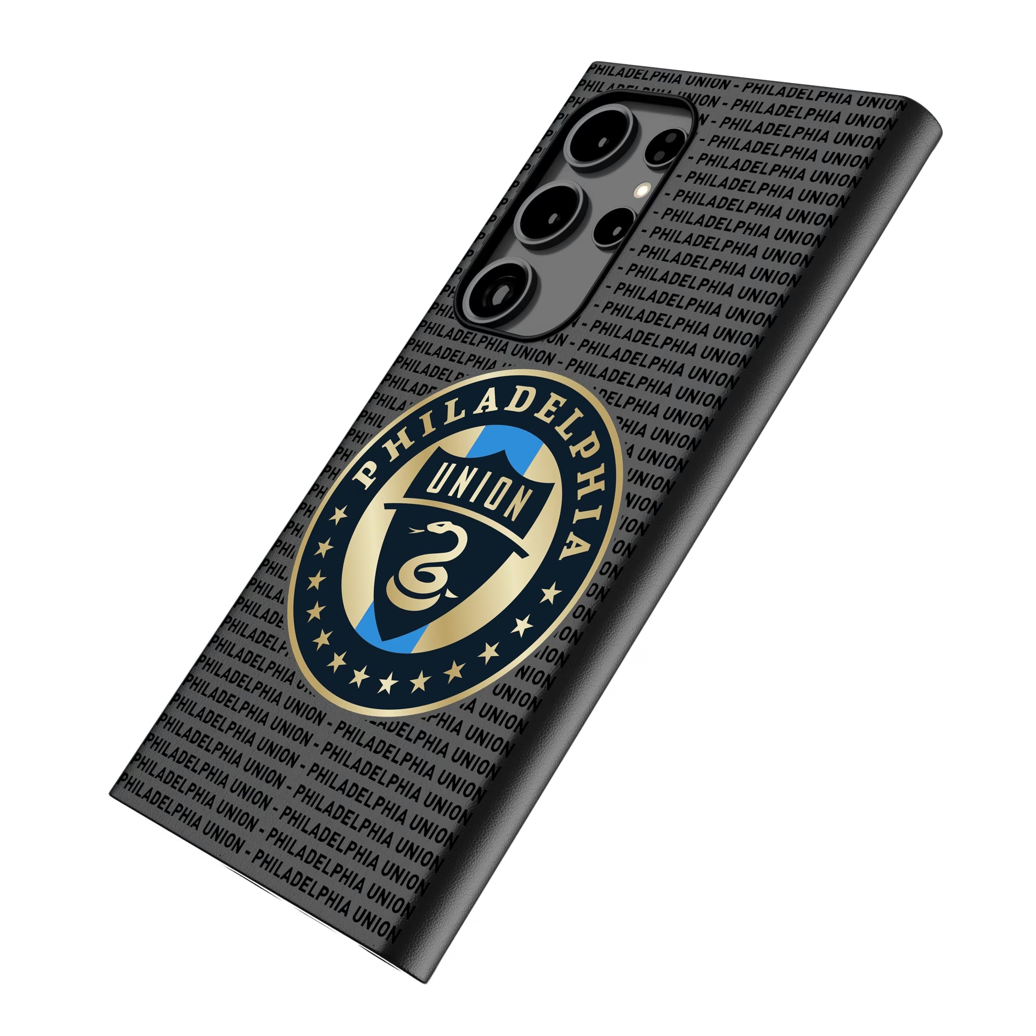 Philadelphia Union Text Backdrop Galaxy MagSafe Compatible Phone Case for Samsung Galaxy - Isometric View