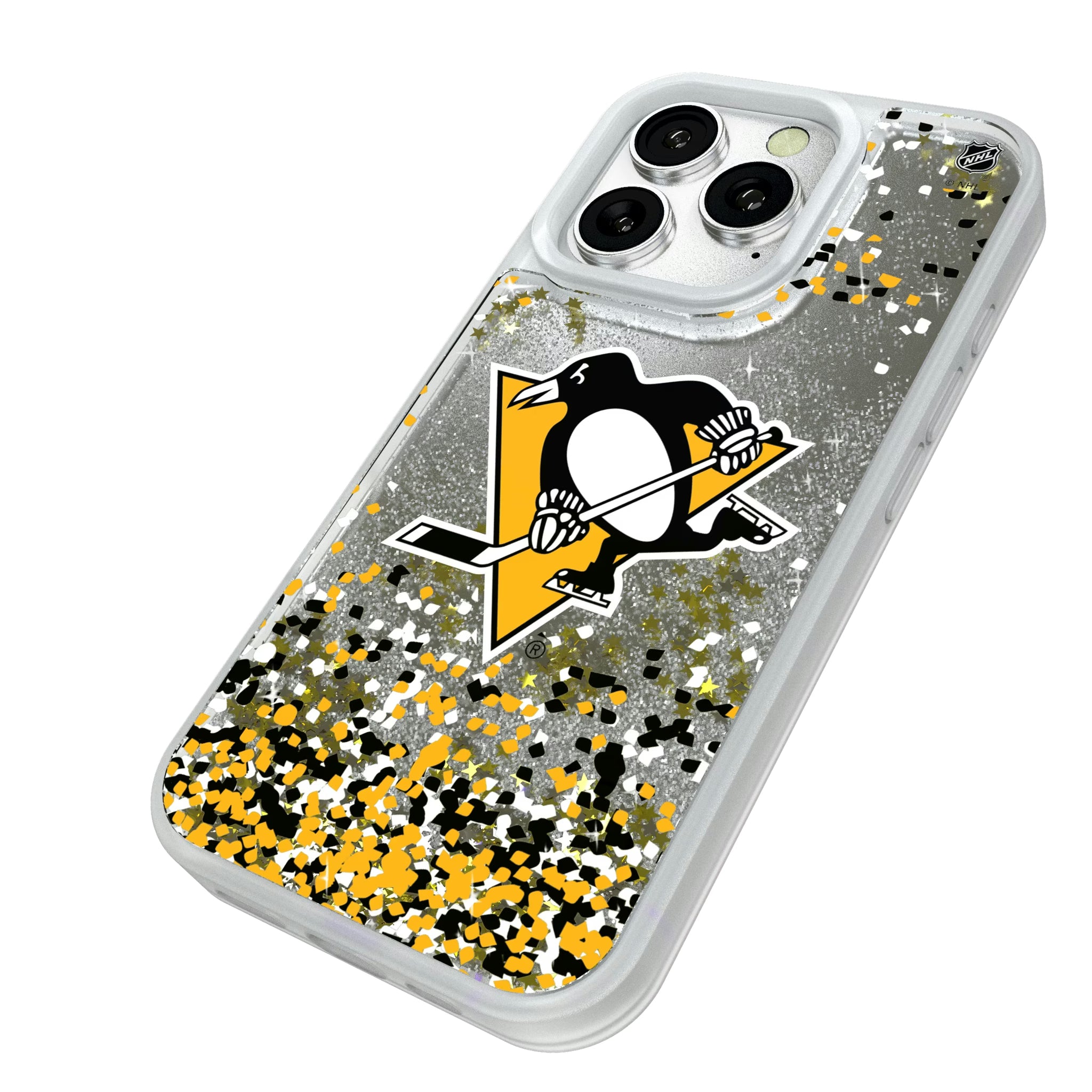 Pittsburgh Penguins Confetti iPhone Glitter Phone Case for Apple iPhone - Isometric View#Device_iPhone 16 Pro