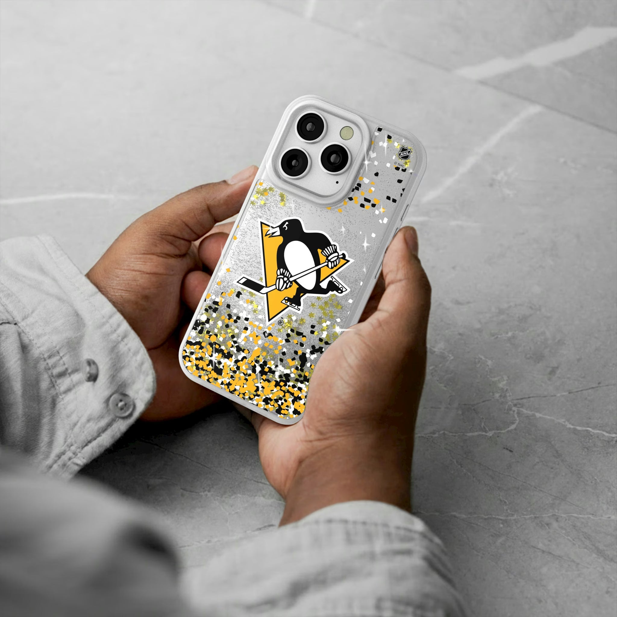 Pittsburgh Penguins Confetti iPhone Glitter Phone Case for Apple iPhone - Lifestyle#Device_iPhone 16 Pro